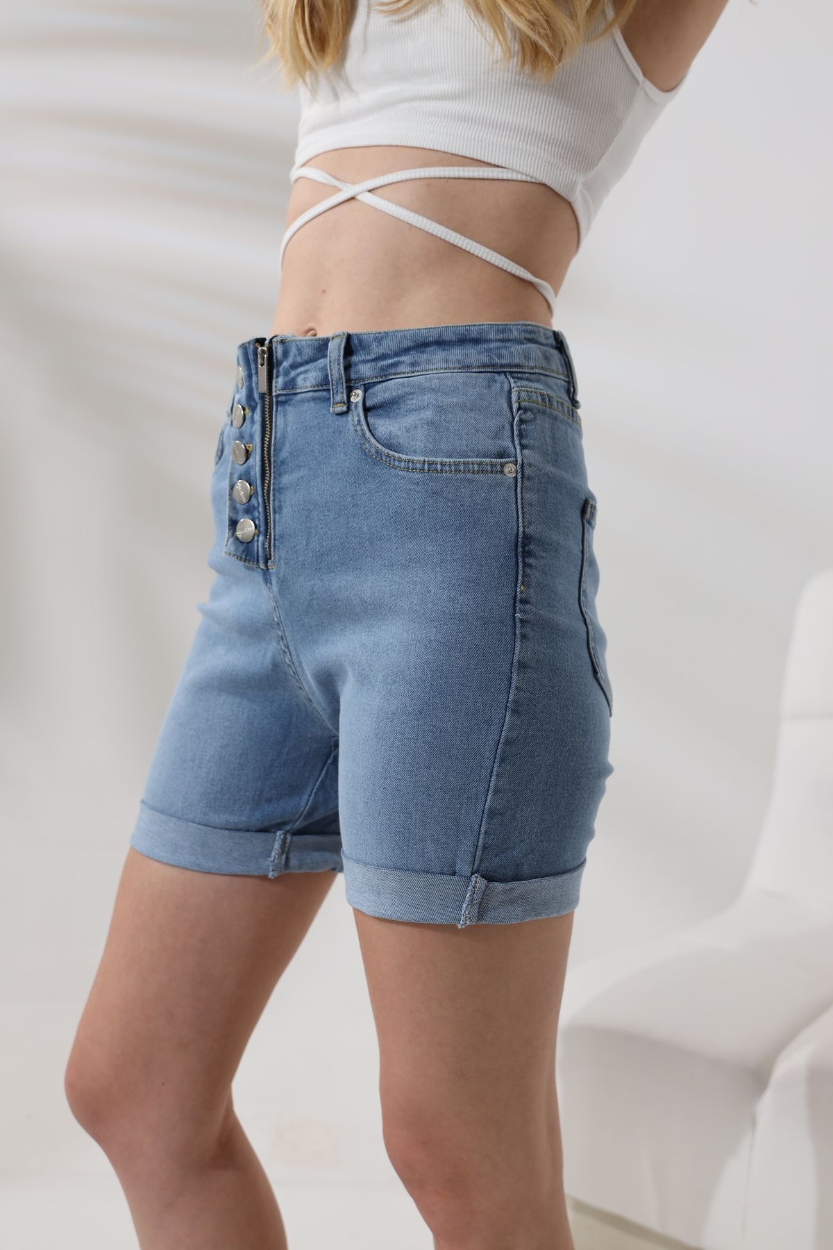 KAGAWA-Blue Denim Shorts with Button Detail 4