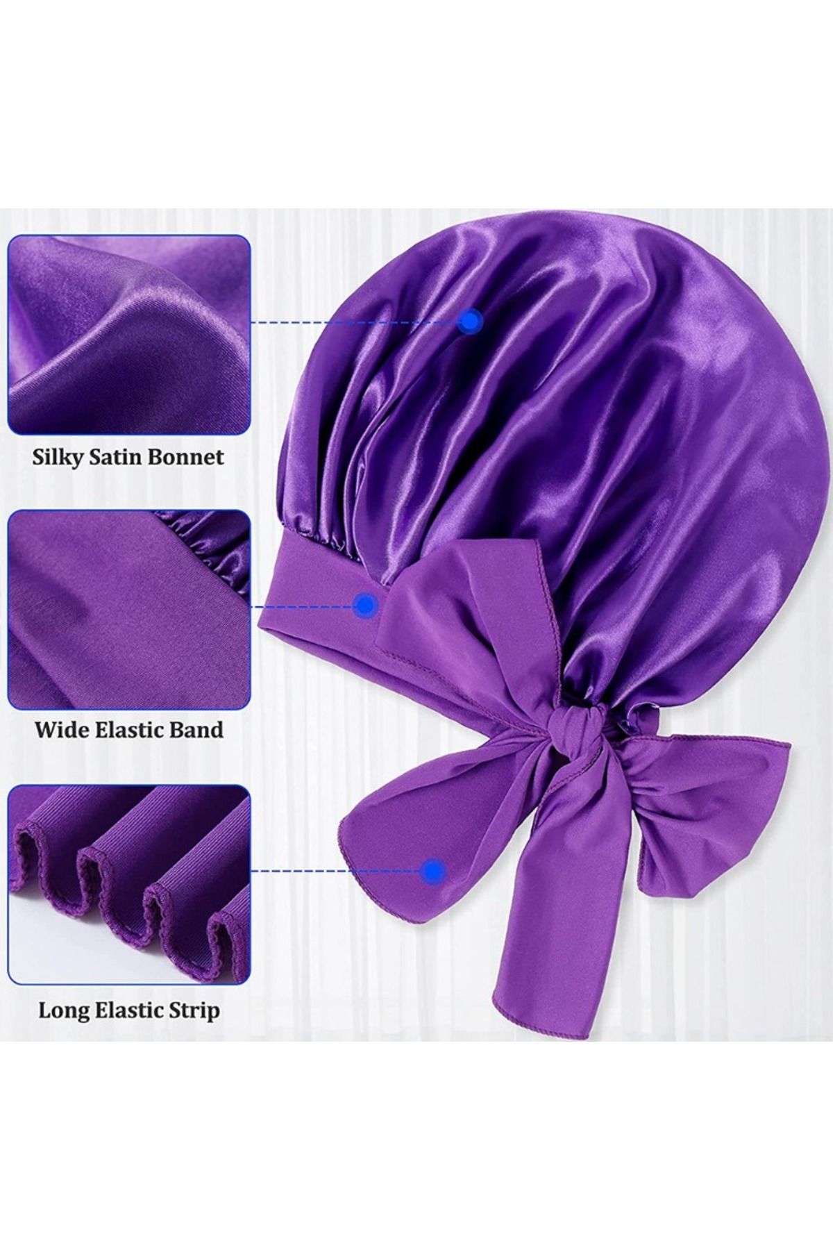 Choice-New satin nightcap wide stretch long tail extra-large shower cap ladies ribbon round hat hair bonnet 6