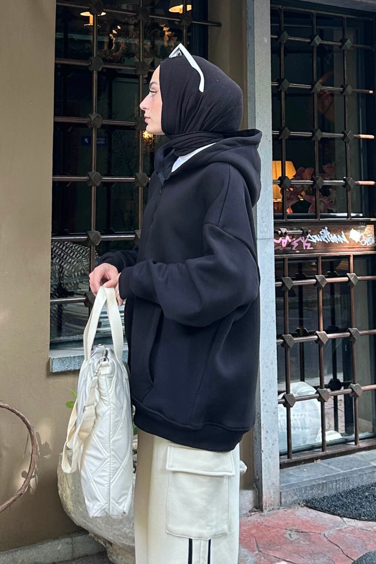 ژاکت پوشیده سیاه زنانه جلوی ZIPPER HOODED 3 IP SWEATSHIRT CARDIGAN BLACK lamelif