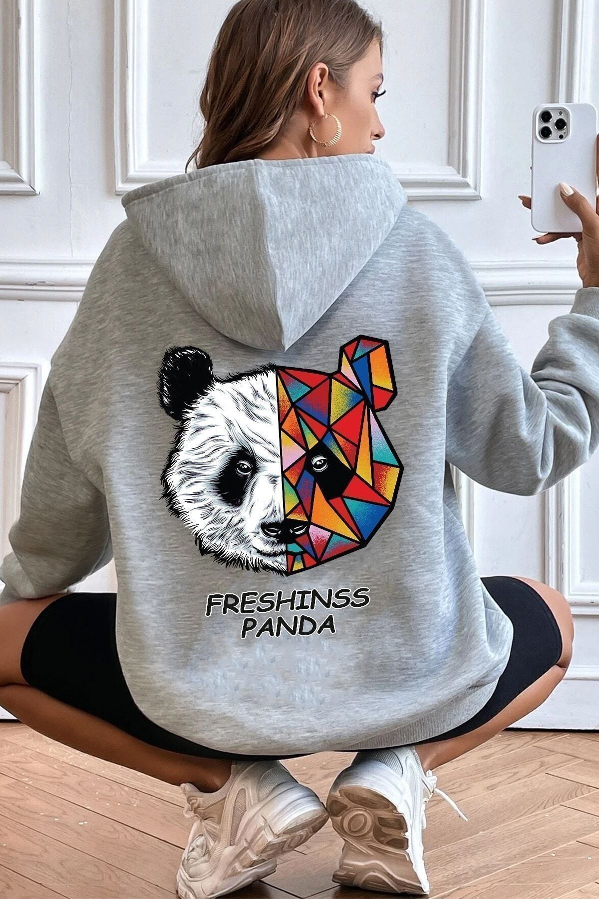 Moda Glo Unisex Panda Sırt Baskılı Sweatshirt