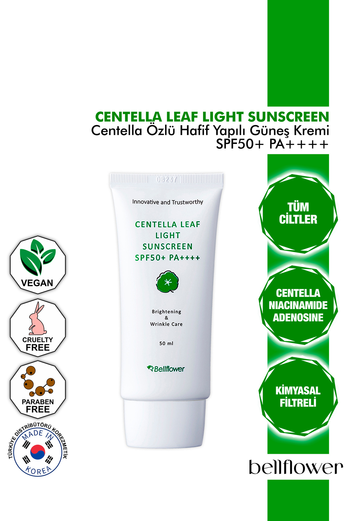 Bellflower-50ml Sunscreen with Centella Extract and Niacinamide - Soothing and Repairing SPF50+ Pa++++ 1