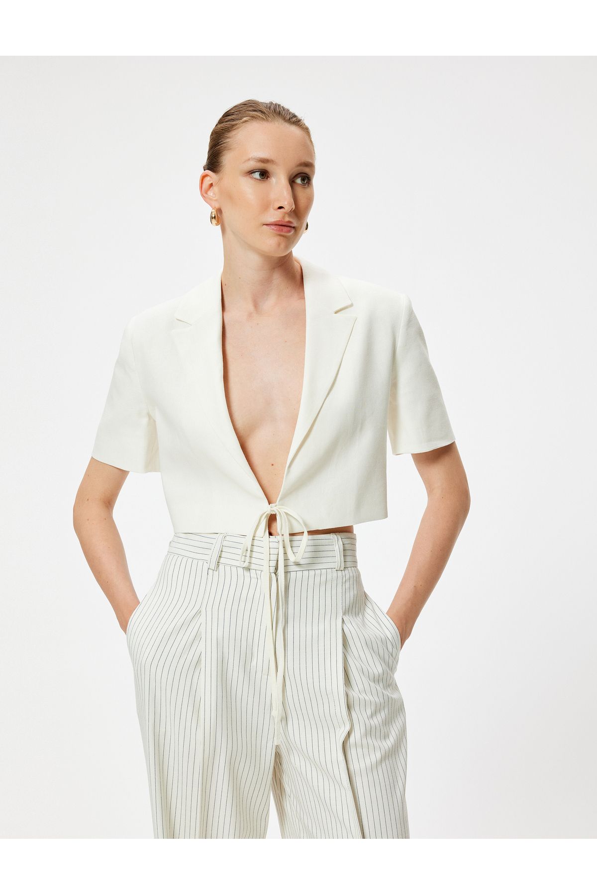 Koton-Front Tie Crop Linen Jacket Short Sleeve 3