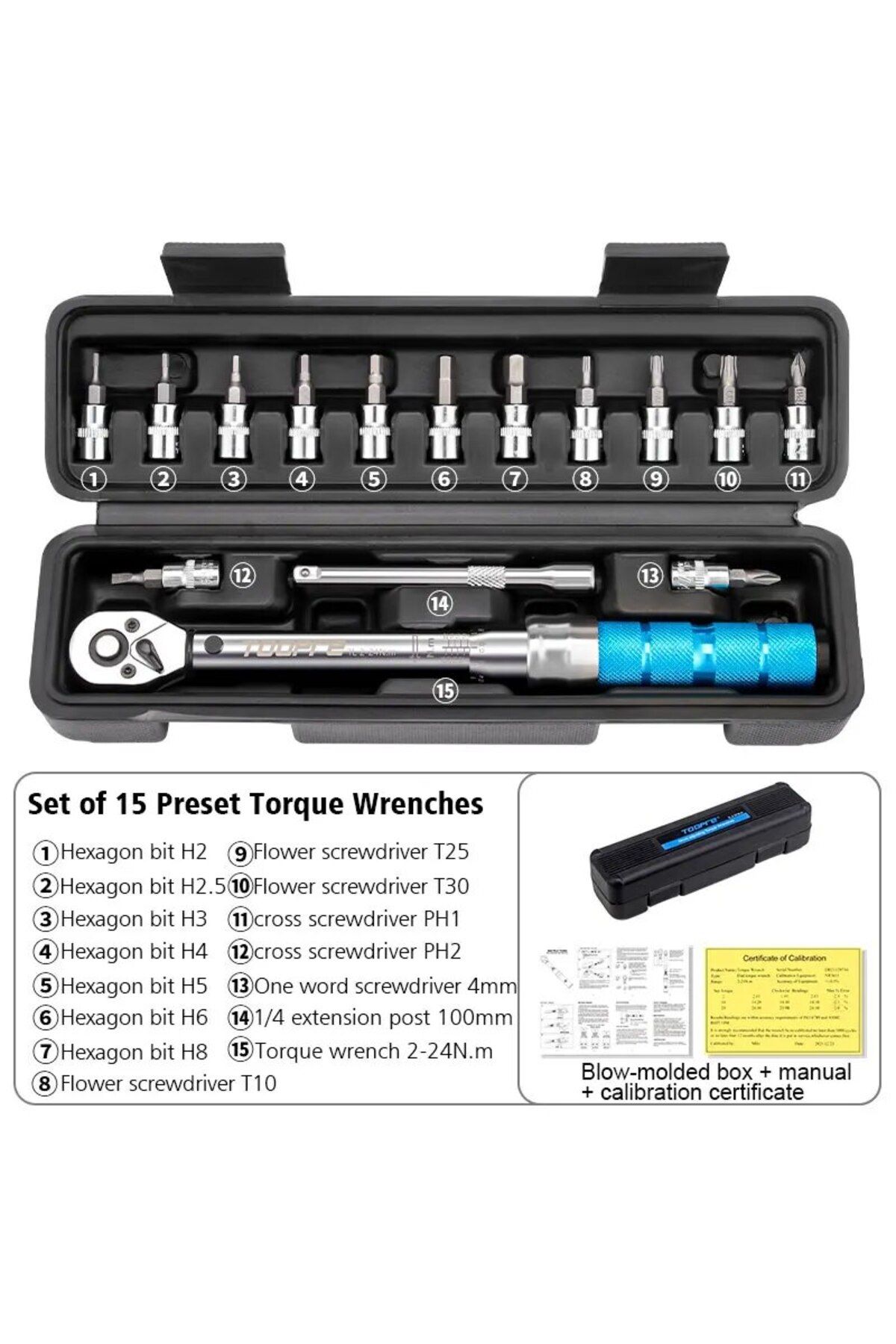 TOOPRE-15pcs Torque Wrench Set 1/4" 2-24Nm 5-25Nm Bike Torque Wrench Allen Key Tool Socket Spanner Set C... 3