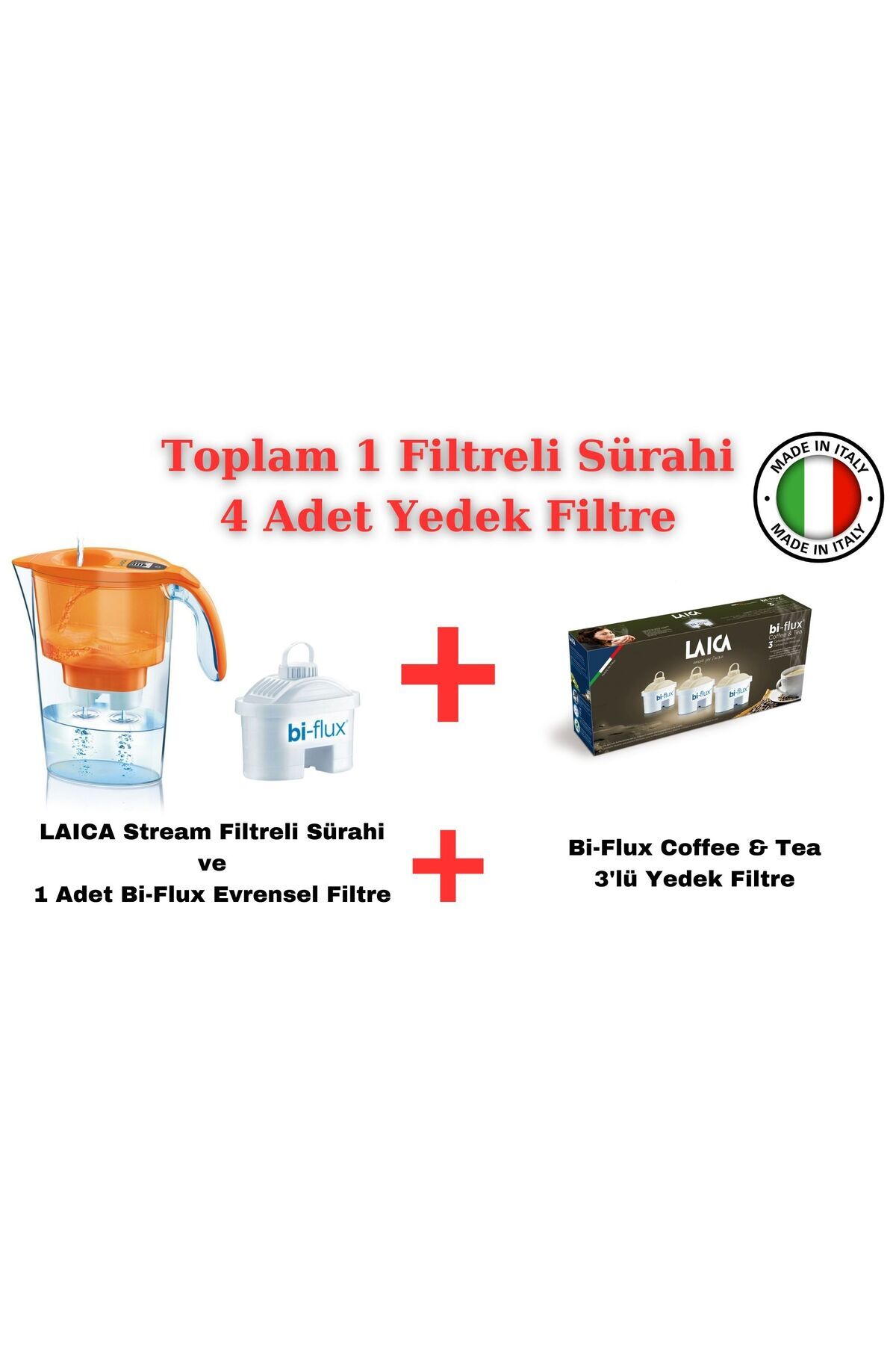 LAICA Stream ( Turuncu ) Filtreli Su Arıtmalı Filtre Sürahi + Bi-Flux Coffee & Tea 3'lü Yedek Filtre