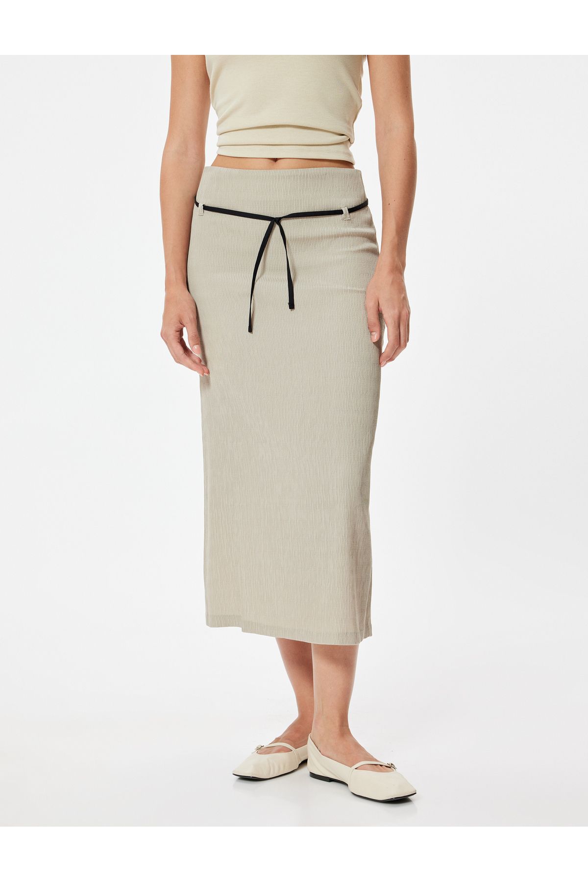 Koton-Pencil Skirt - Midi Length, Belt Detail 3