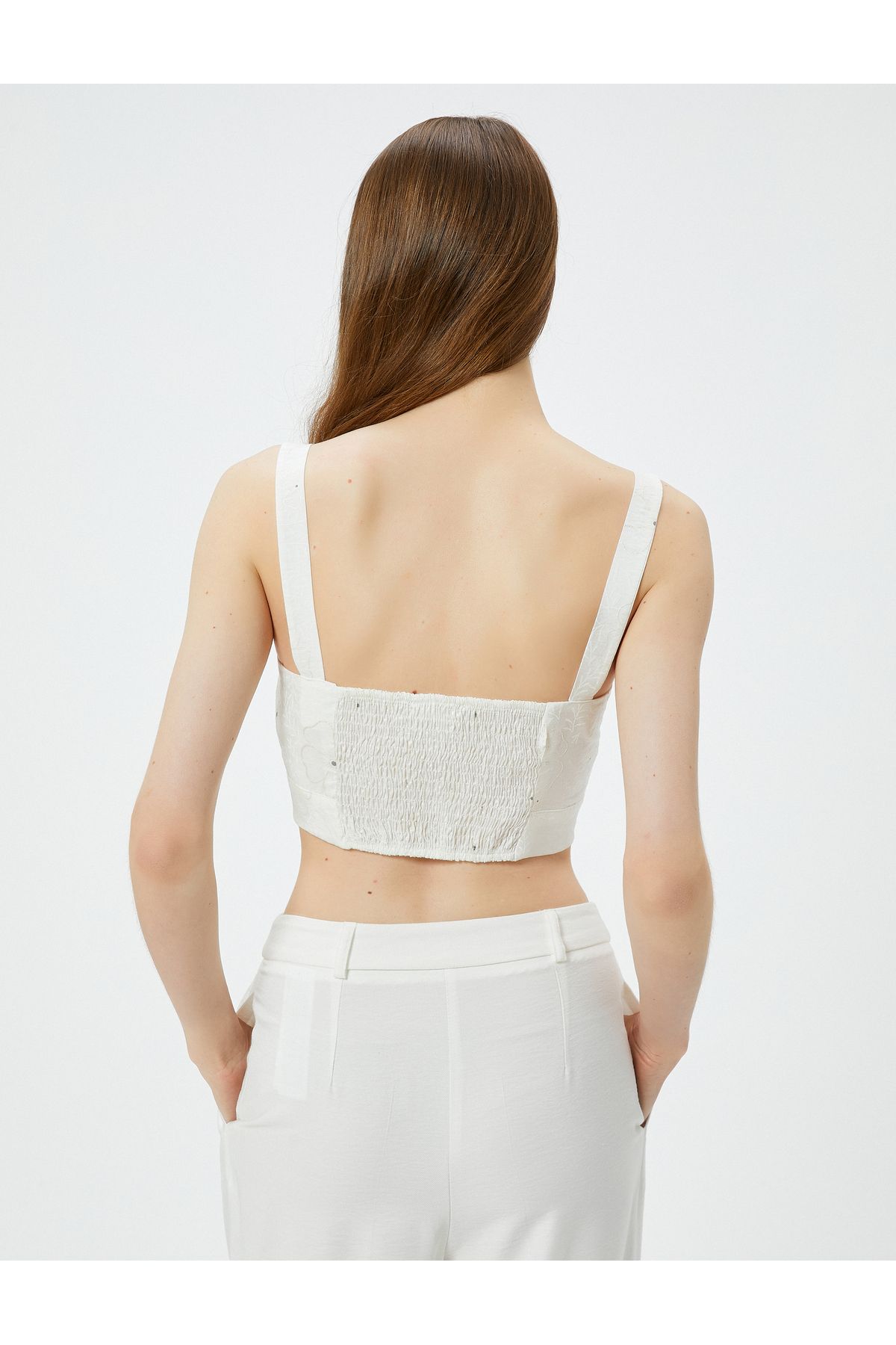 Koton-Viscose Square Collar Strap Scallop Crop Top 4