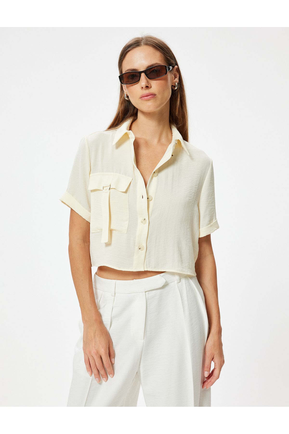 Koton-Modal Fabric - Short Sleeve Crop Shirt with Cargo Pocket and Loose Fit 3