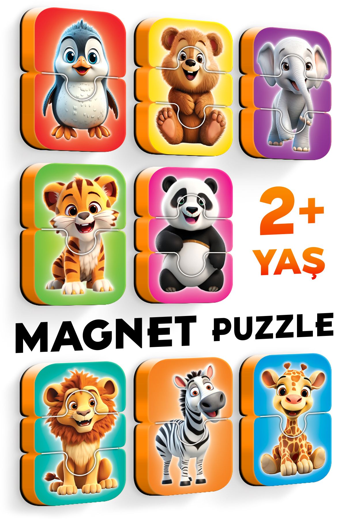 EVAKANCA Yaban Hayvanları Mıknatıslı Yapboz 8 Adet 2-3 Parçalı Magnet Puzzle 2 Yaş