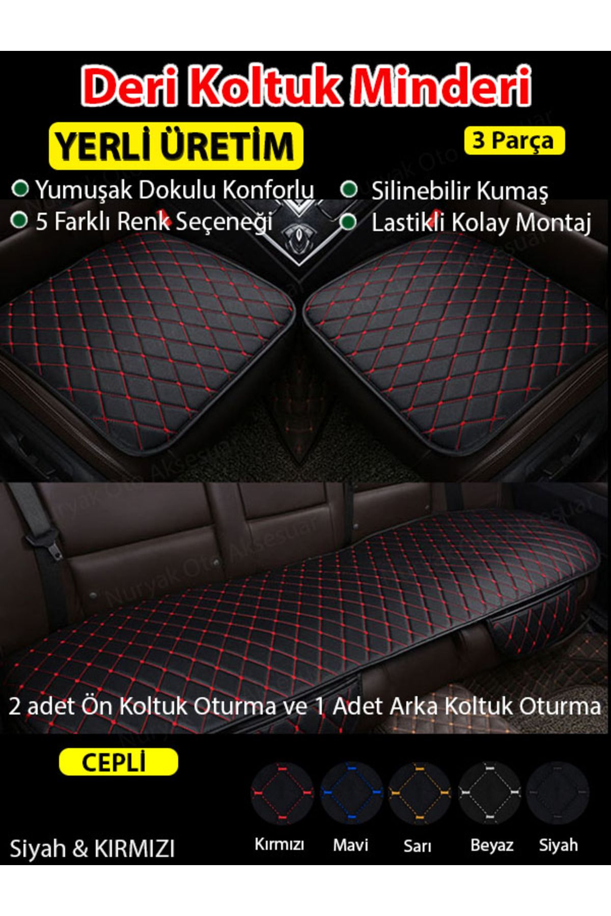 Peugeot 208 Uyumlu Üç Parça Koltuk için Siyah Deri Kırmızı Dikiş Koltuk Minderi