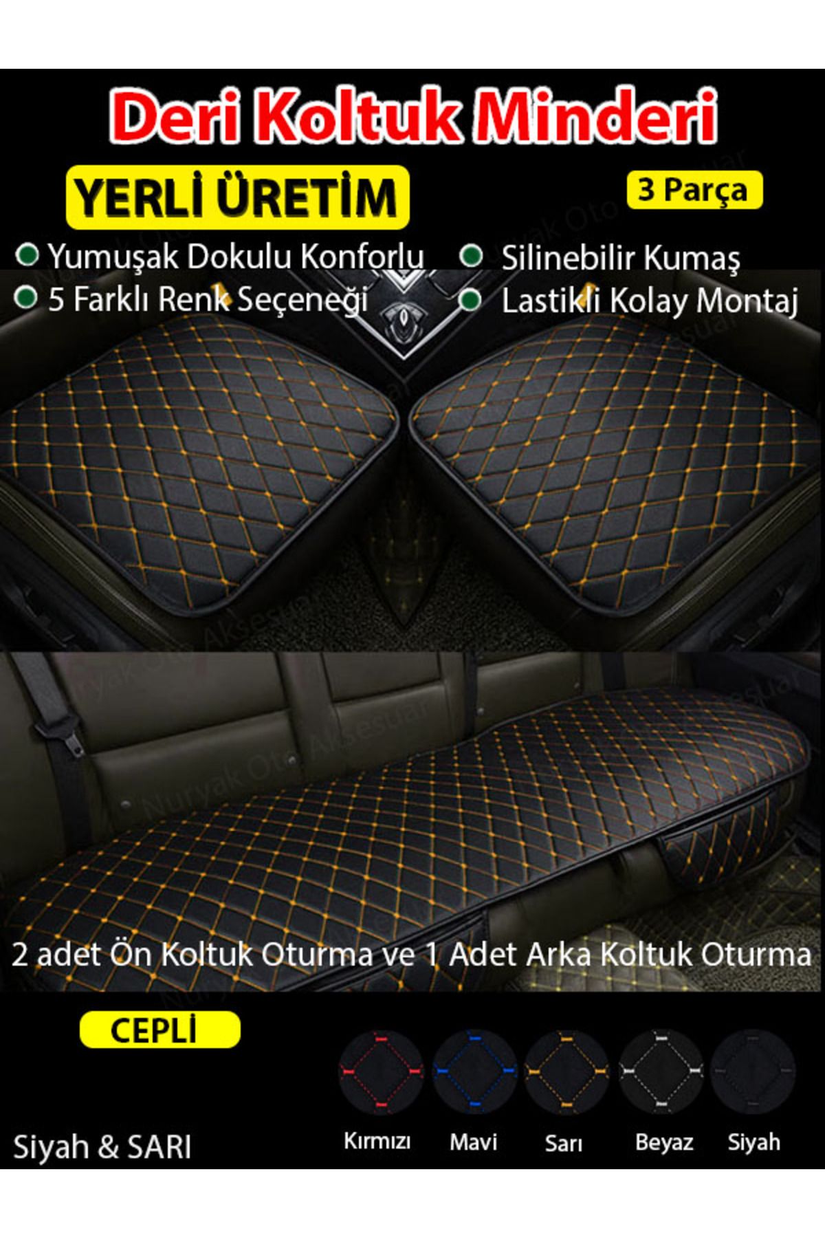 Nissan 350Z Uyumlu Üç Parça Koltuk için Siyah Deri Sarı Dikiş Koltuk Minderi