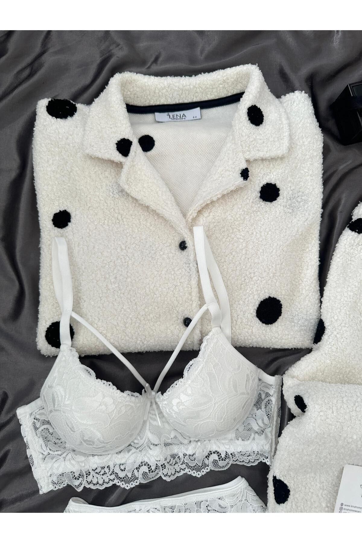 Lena Homewears-Ecru Polka Dot Patterned Buttoned Boucle Pajamas Set with Underwear 5