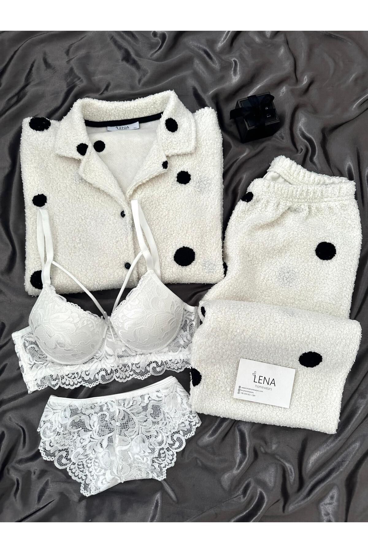 Lena Homewears-Ecru Polka Dot Patterned Buttoned Boucle Pajamas Set with Underwear 1