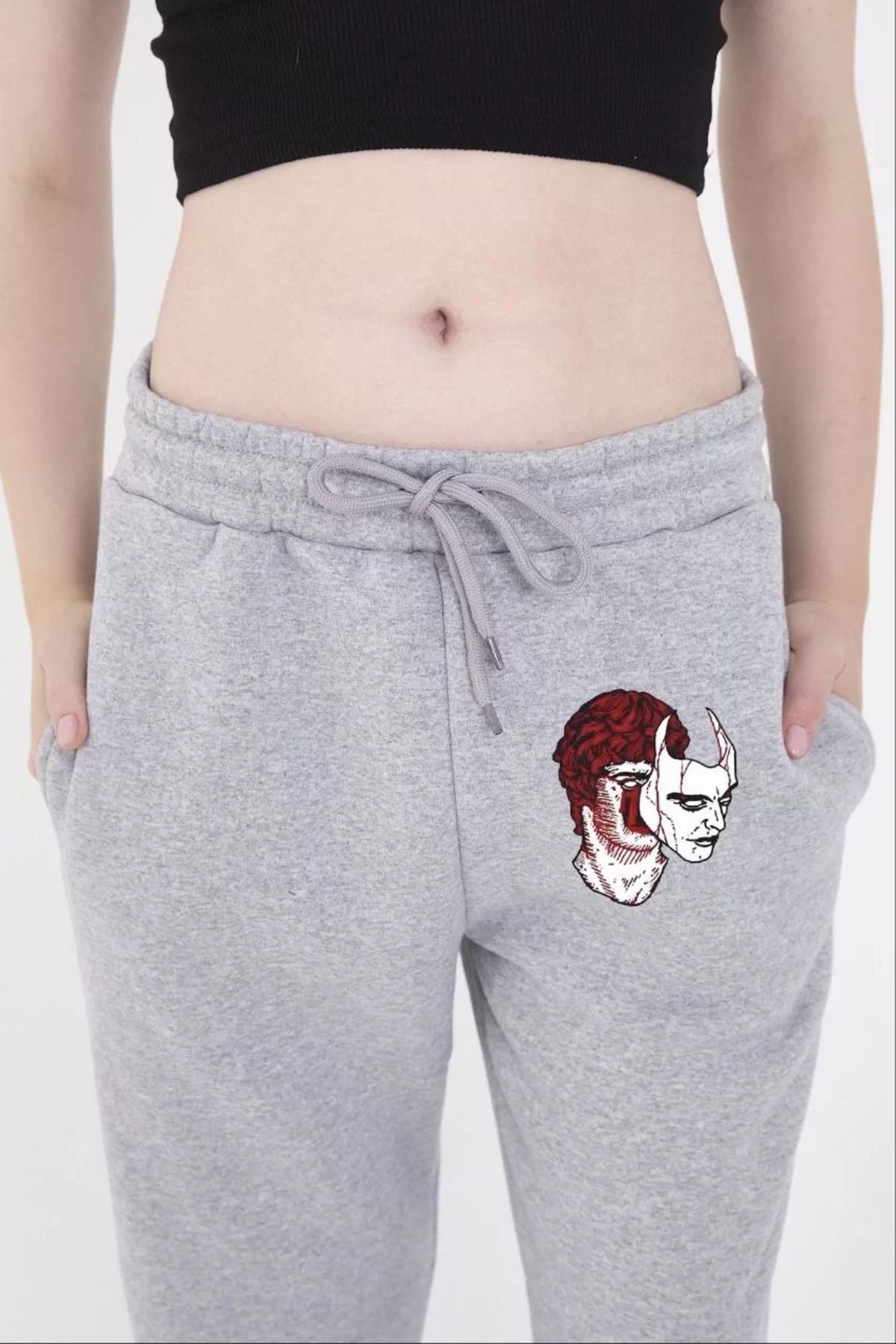 SA Alişveriş Dünyam Kadın Lastikli Baskılı Eşofman Pantolon - Gri