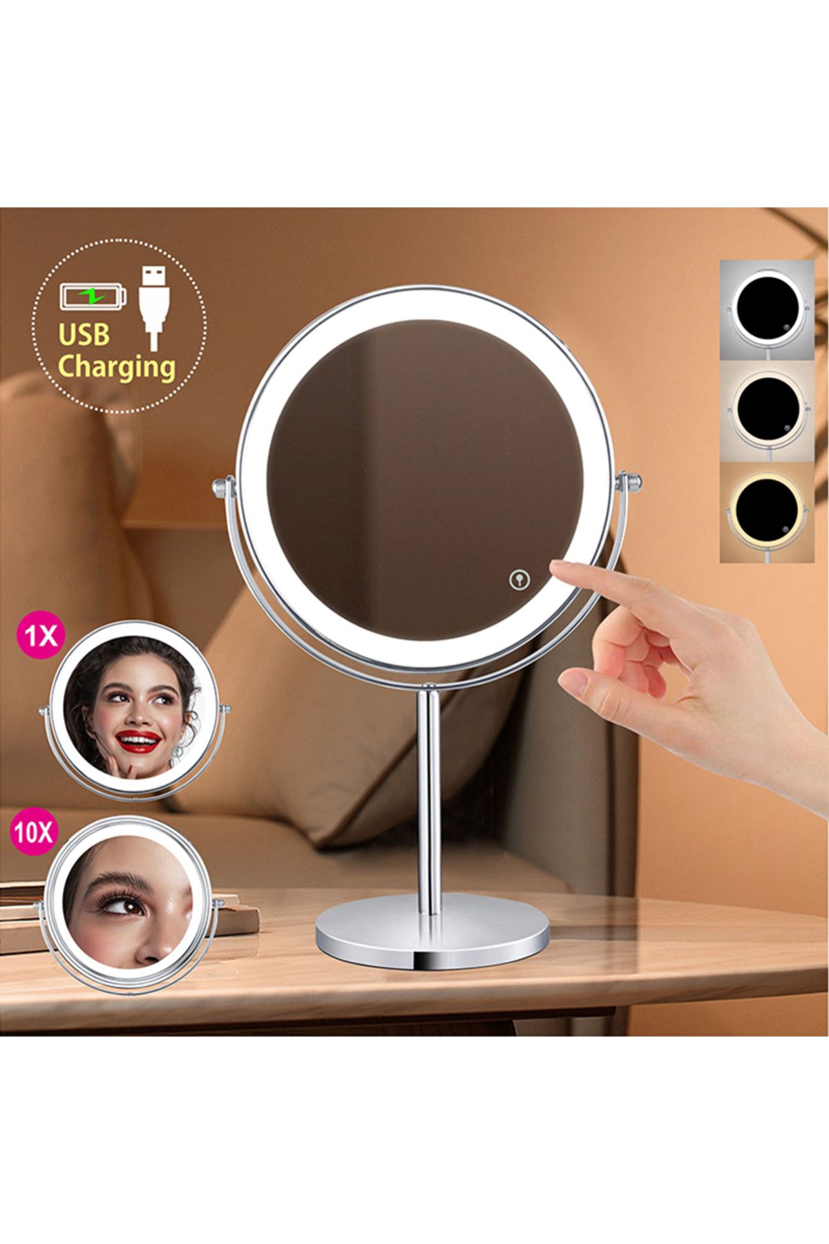 Choice-مرآة مكياج LED مكبرة 10 مرات 8 بوصة مع مفتاح لمس ضوء 3 ألوان وشحن USB على الوجهين... 2