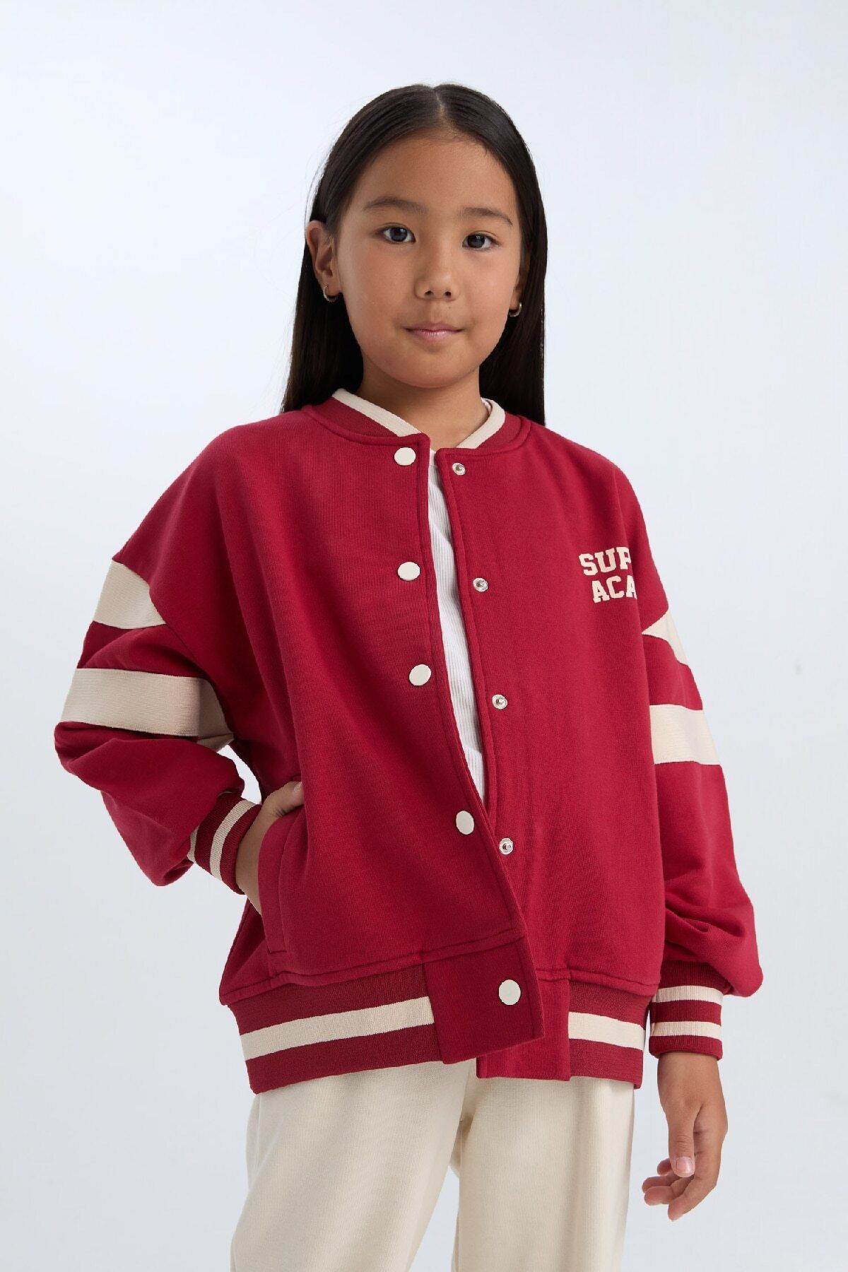 DeFacto-Girl's Soft Feather Bomber Cardigan - College Collar, Printed, Snap Closure D4269A824Wn 3