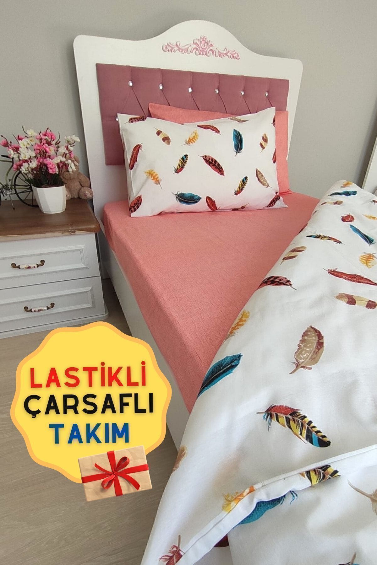 Çarşafı Lastikli Tek Kişilik Nevresim Takımı Kuş Tüyü Desenli 4 Parça