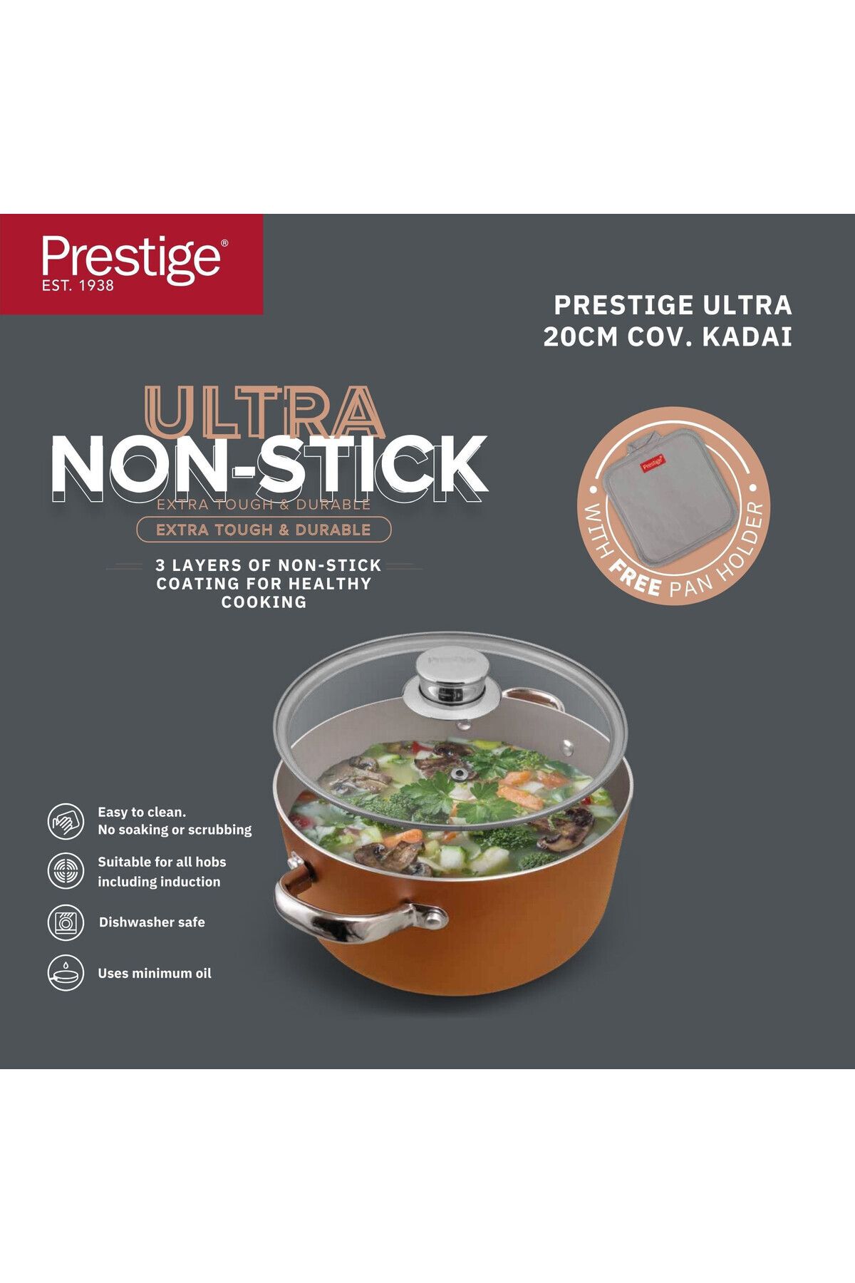 Prestige-طاجن ألترا غير لاصق 20 سم/2.8 لتر/3 كوارت مع غطاء زجاجي وحامل مقلاة مجاني 5