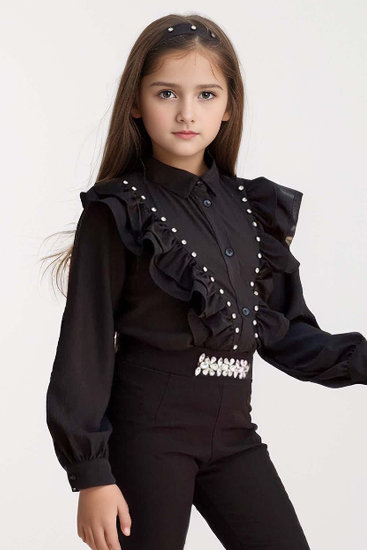 Riccotarz-Black Stone Embroidered Set For Girl's Spanish Leg Shirt And Ruffle Shoulder 5