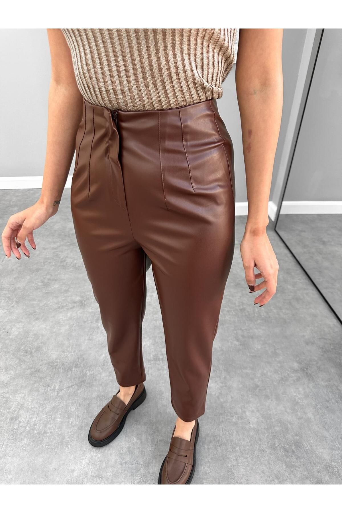ESRAHELVACI-Pantaloni din piele maro cu talie 6