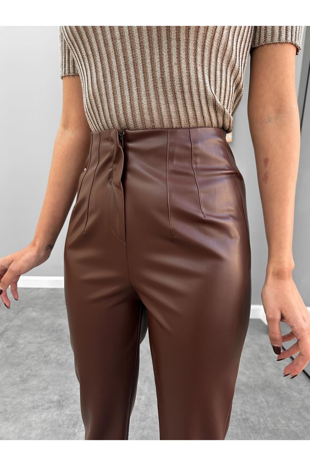 ESRAHELVACI-Pantaloni din piele maro cu talie 2