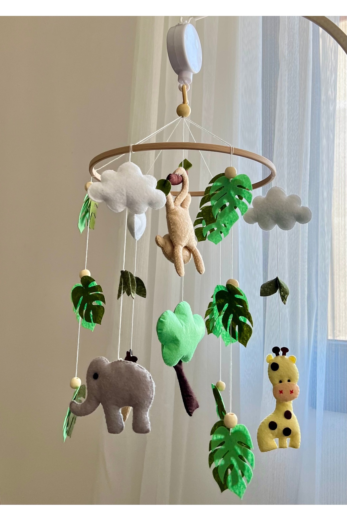 SefDen Lazer Kesim Atölyesi (Müzikli) Safari hayvanları kız veya erkek bebek müzikli beşik dönencesi veya beşik süsü fotoğrafı 3 (önizleme)