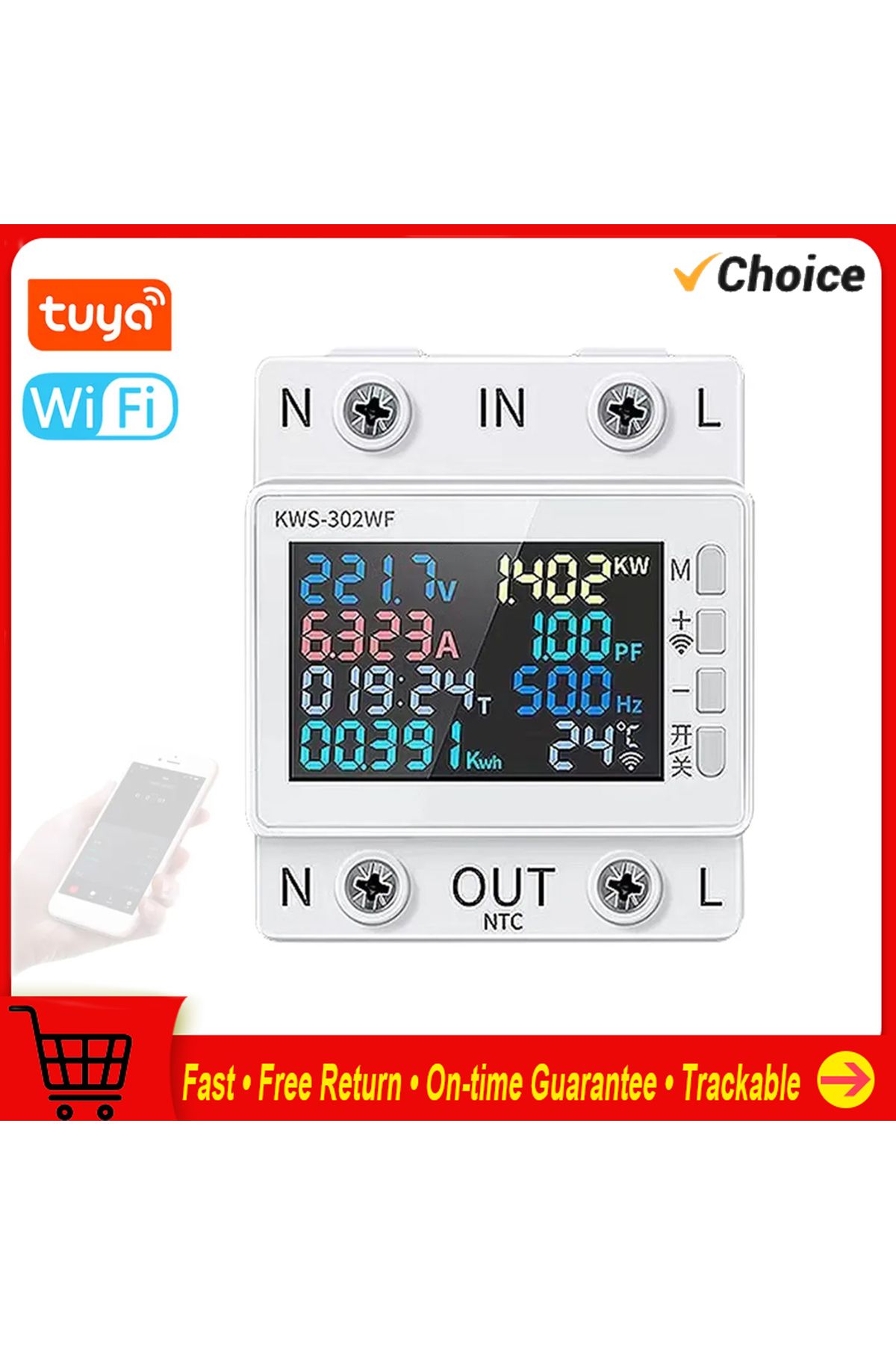 Choice-Tuya 8 in1 Power Meter Color Screen 2P AC Energy Meter APP Control 170-270V/63A Voltage and Curre... 2