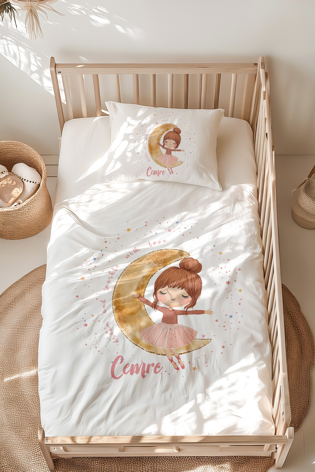 % Cotton Satin Name Exclusive Montessori Bed Duvet Cover Set (100X200 CM) Girl in the Moon