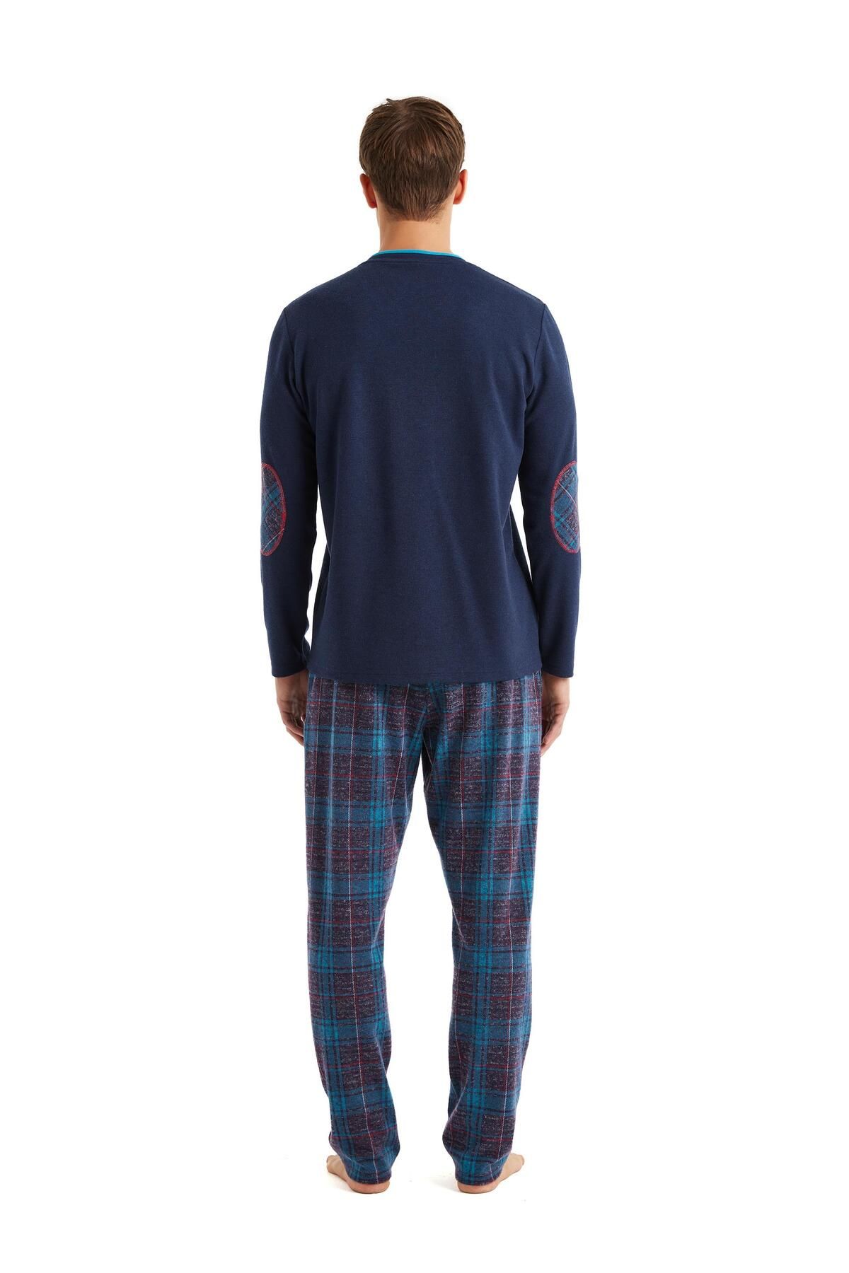 Blackspade-Men's V-Neck Long Sleeve Navy Blue Pajamas Suit C6T0N6O04 5