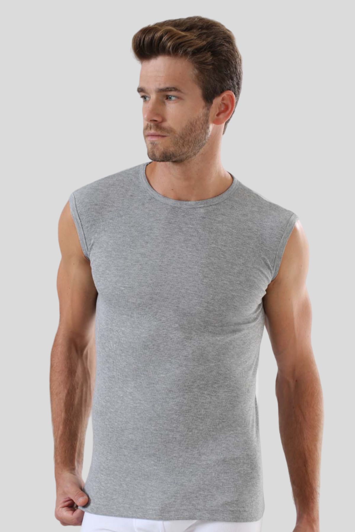 Arma Yıldız-Men's Gray T-Shirt Zero Sleeve Crew Neck Sleeveless Undershirt 2-Piece 100% Cotton 4