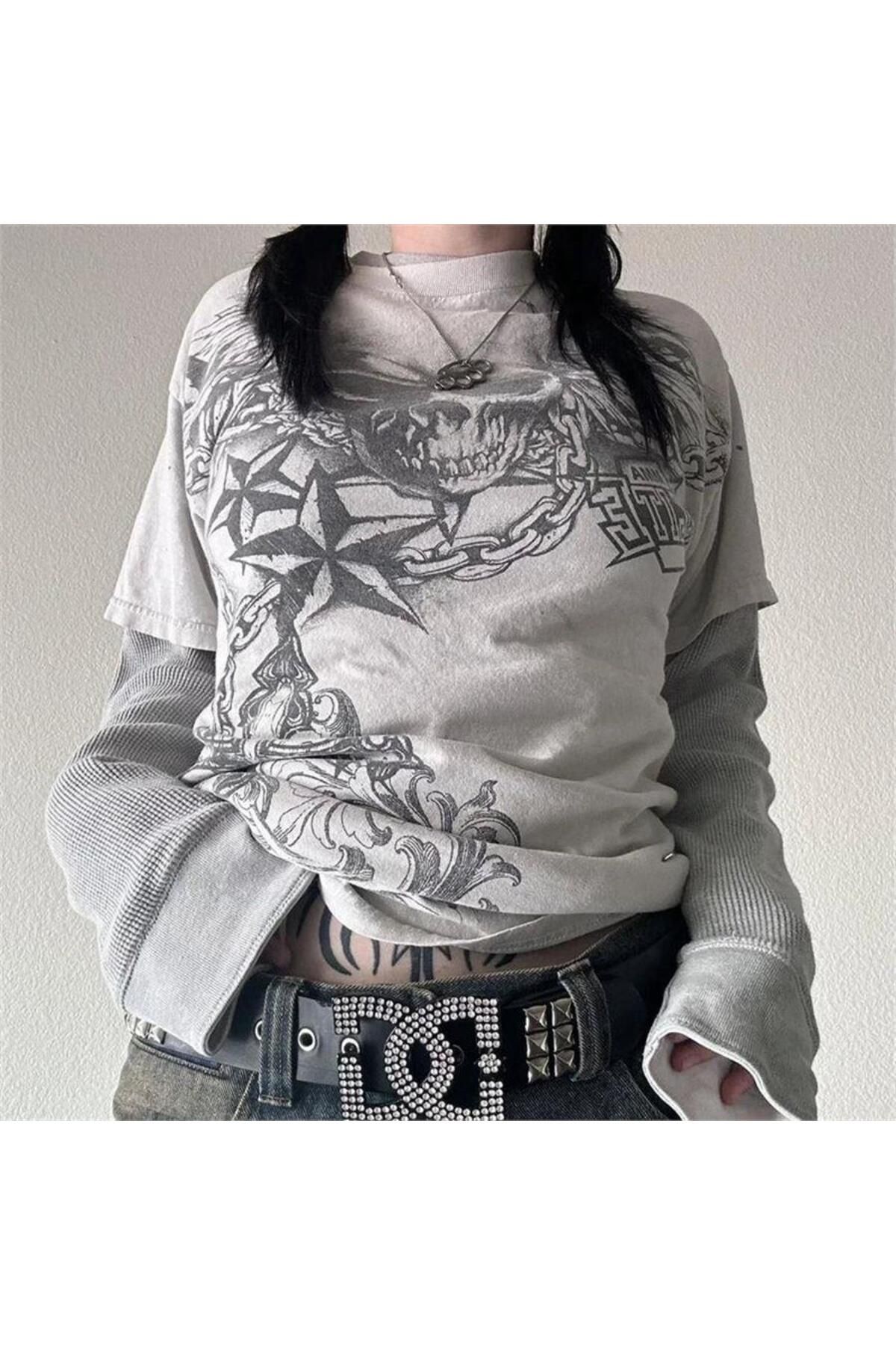 Köstebek-Gray Melange Skull Chain Star Cyber Grunge White Sleeve Thin Sweatshirt 1