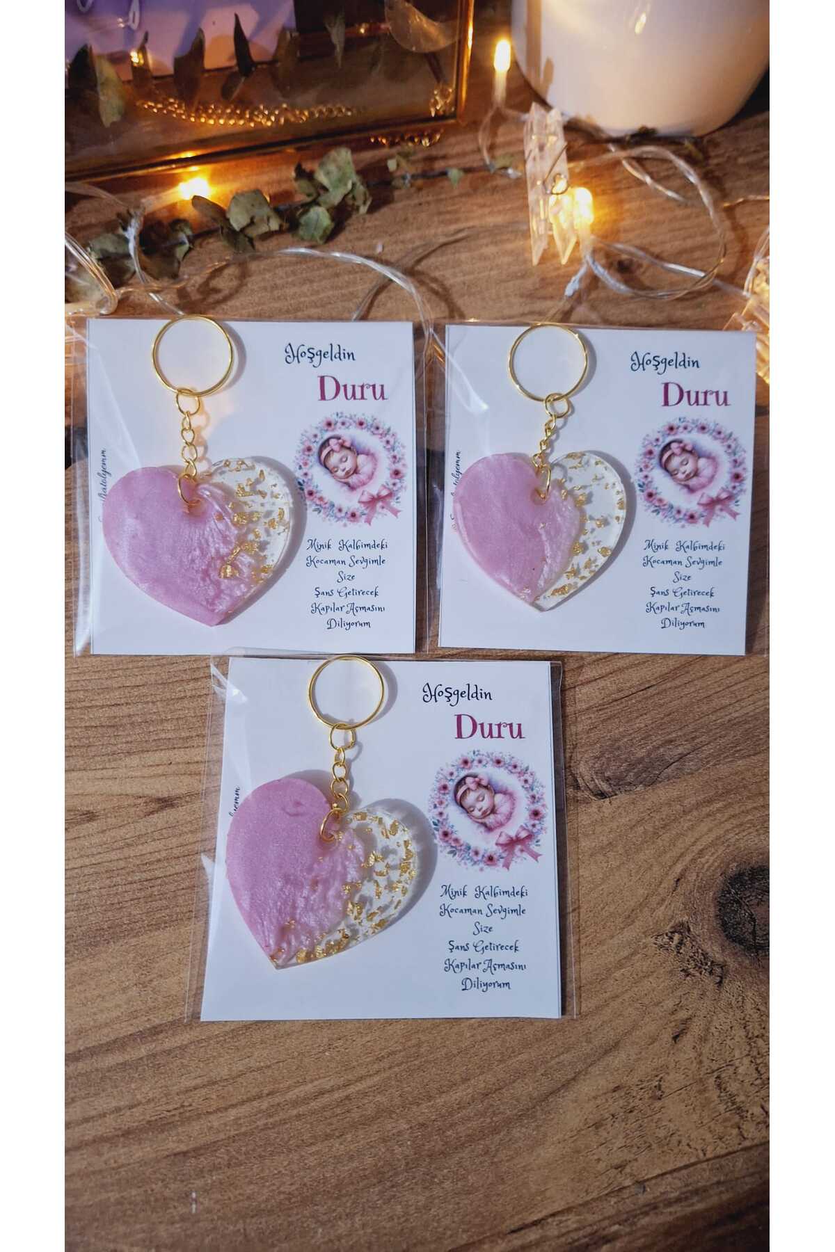 SevgiliAtolyemm UYUYAN BEBEK KARTLI  KALPLİ ANAHTARLIK  MEVLÜT YENİDOĞAN HEDİYELİK DOĞUM GÜNÜ BABYSHOWER  10 ADET fotoğrafı 2 (önizleme)