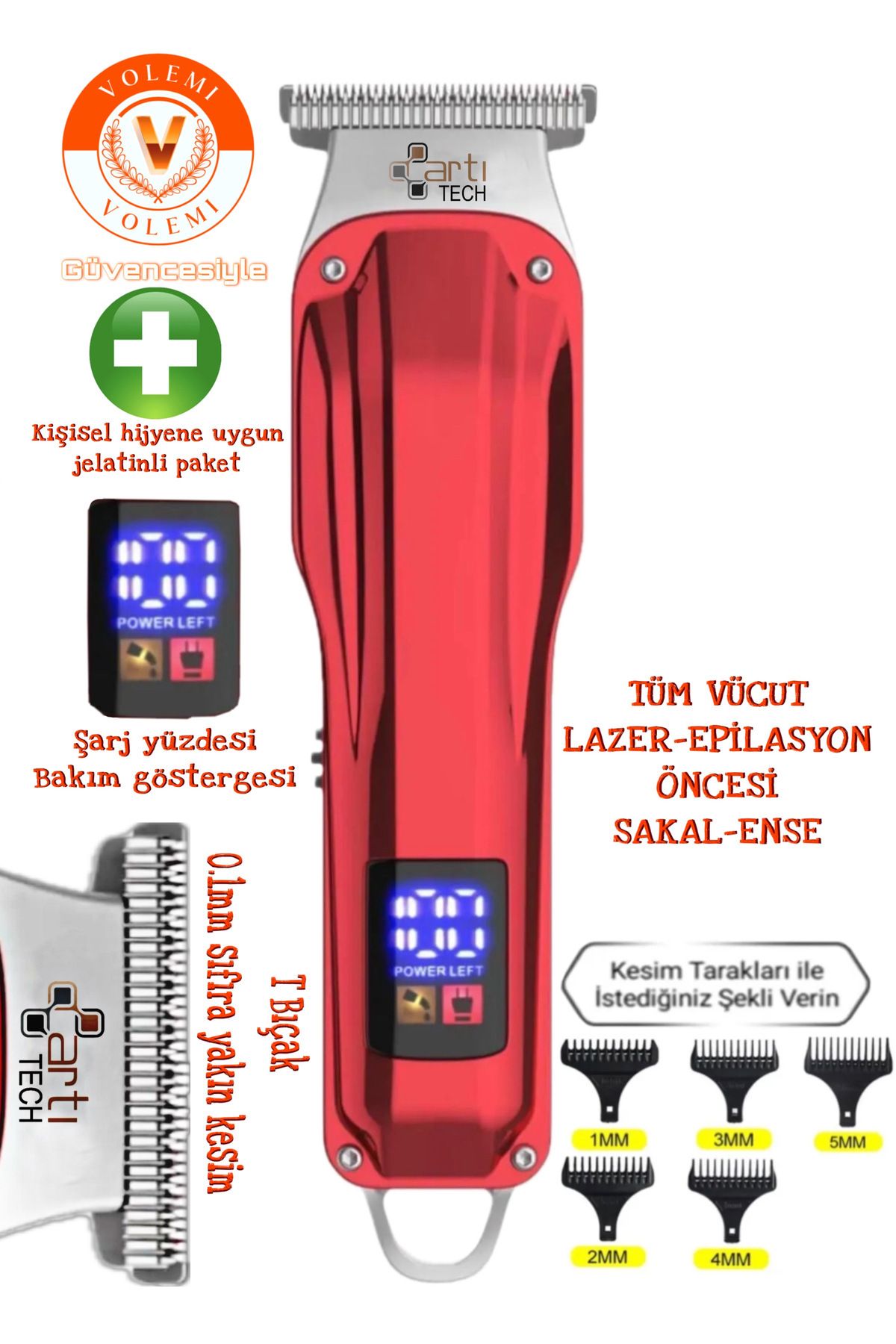 VOLEMİ Artı Tech 0087 Profesyonel Saç Sakal Ense Çizim Lazer Öncesi Tüm Vücut Tüy Kısaltma Tıraş Makinesi