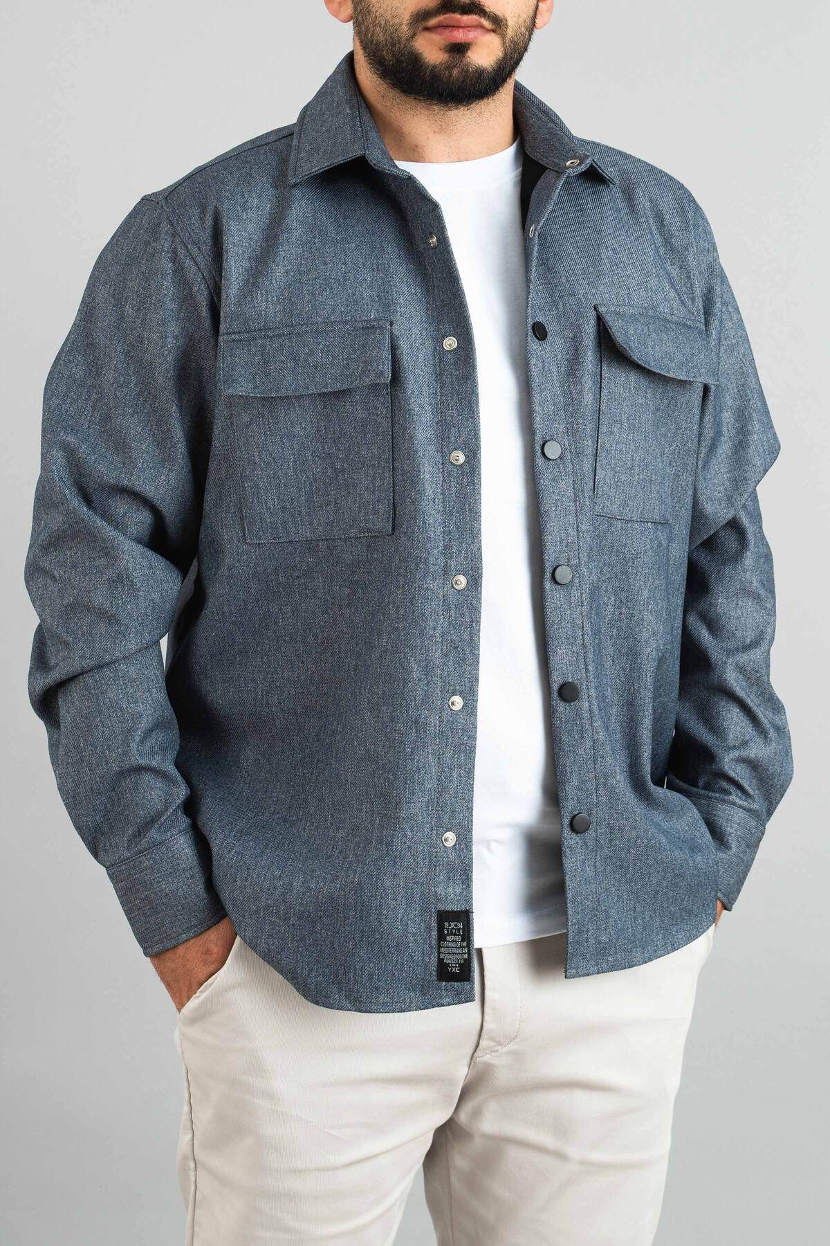 bombe-Men's Indigo Seasonal Casual Inside Scuba Coated Sports Cut Coat Snap Jacket Shirt 2