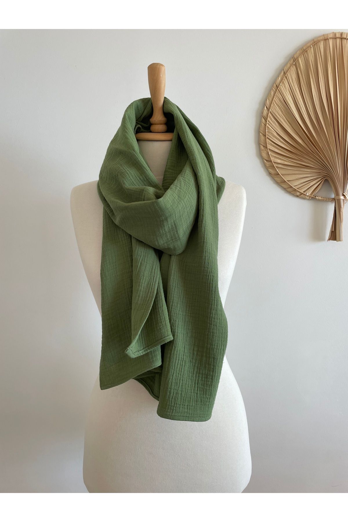 LeBohas-Green Muslin Shawl 2-Layer Natural Cotton Shawl 1