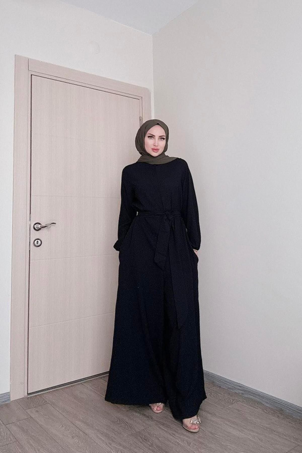 SAYRA-Shawl Women's Black Belted Salaş Cut Islamic Jumpsuit Syr009 1