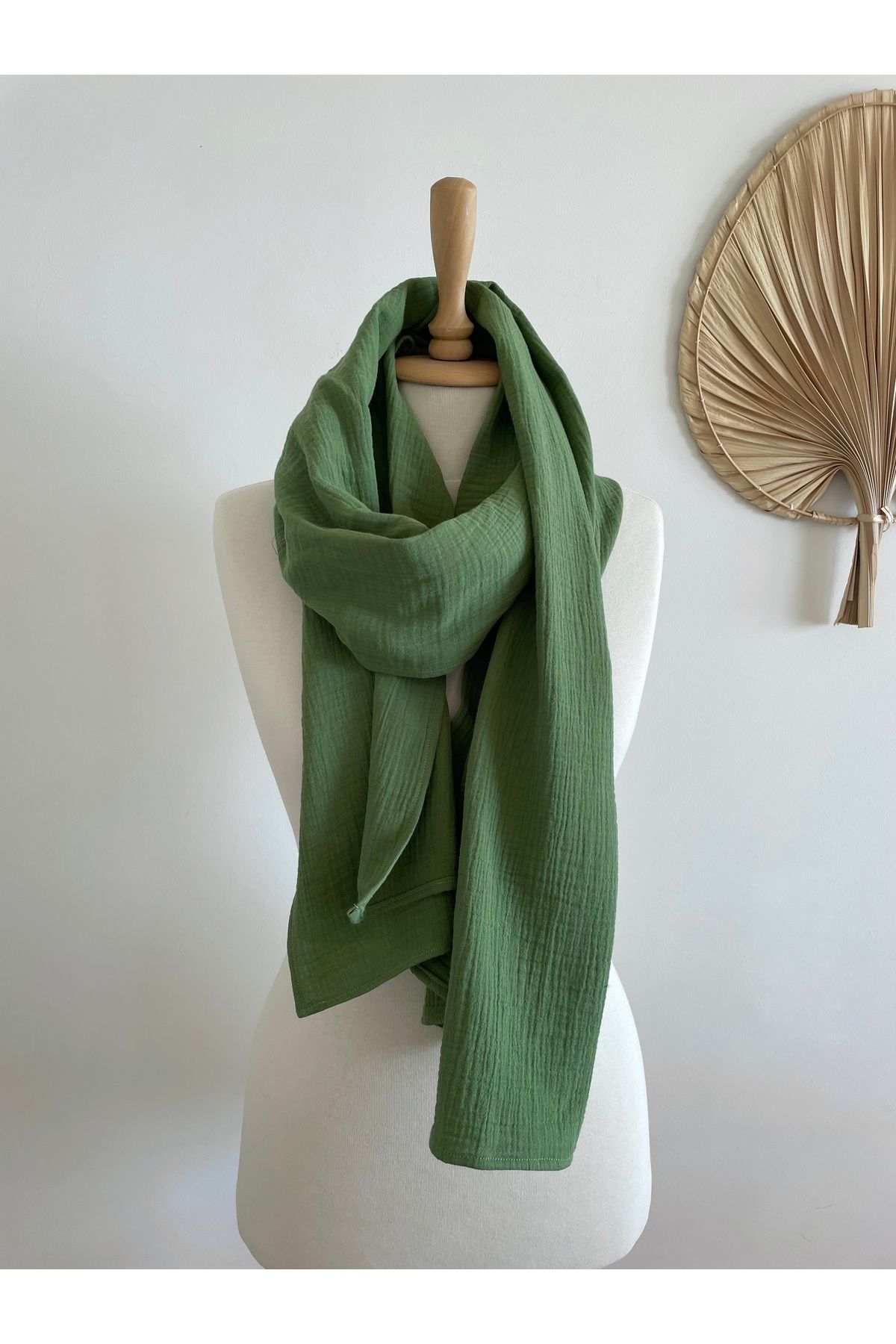 LeBohas-Green Muslin Shawl 2-Layer Natural Cotton Shawl 3