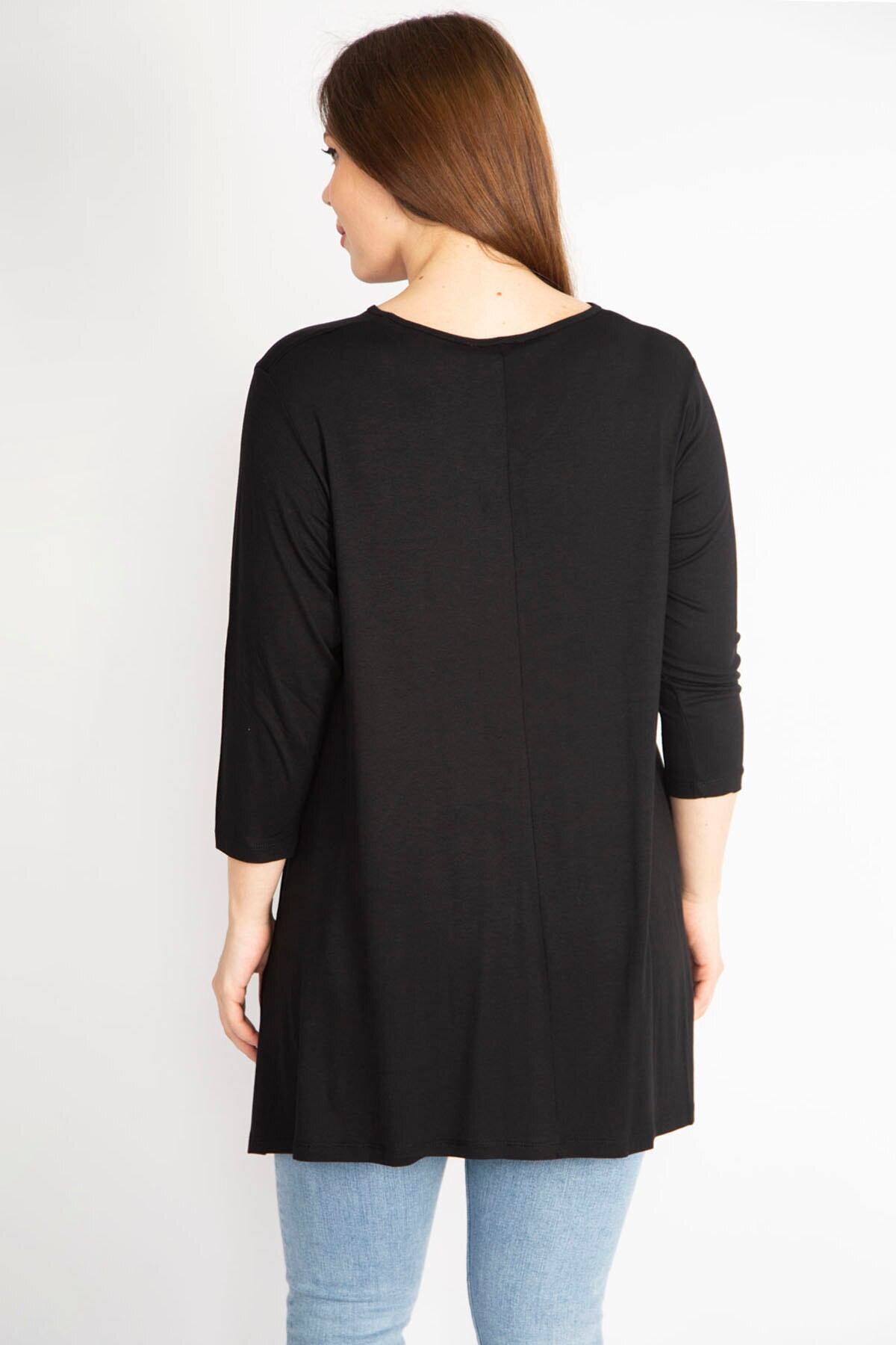 Şans-Women's Black Large Size V-Neck Capri Sleeve Tunic 65n36342 4