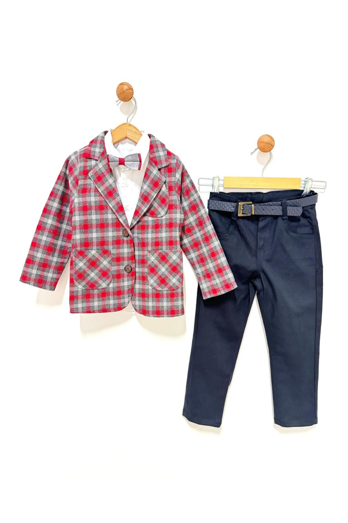 By Cwhr-Bow Tie Shirt with Belt Boys' Pants with Plaid Jacket Boys' Set Boys' Suit 2