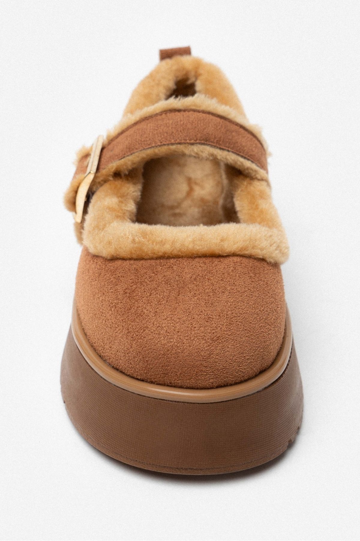 NİŞANTAŞI SHOES-Γυναικεία παπούτσια Enola Brown Suede Belt με λεπτομερή γούνα εσωτερικά και χοντρή σόλα 7