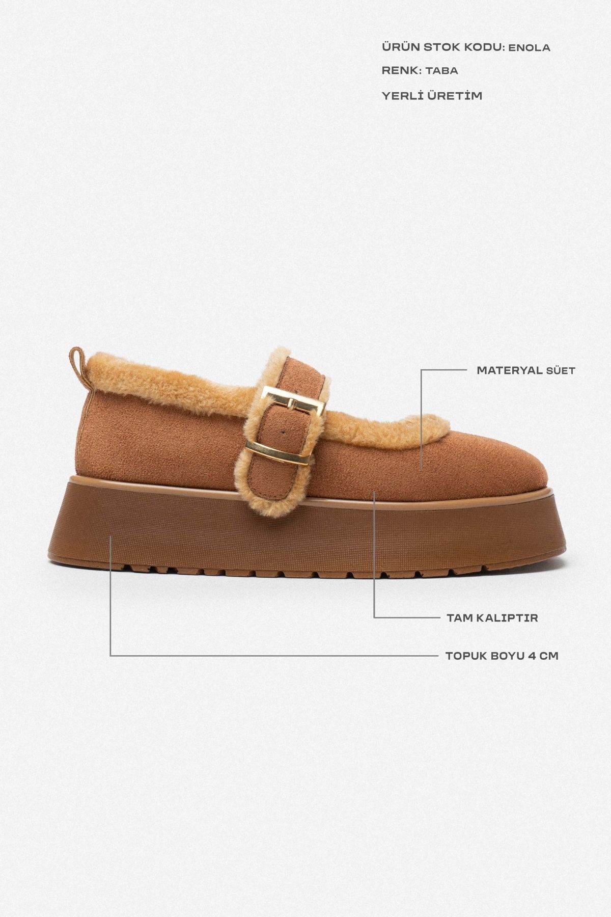 NİŞANTAŞI SHOES-Γυναικεία παπούτσια Enola Brown Suede Belt με λεπτομερή γούνα εσωτερικά και χοντρή σόλα 3