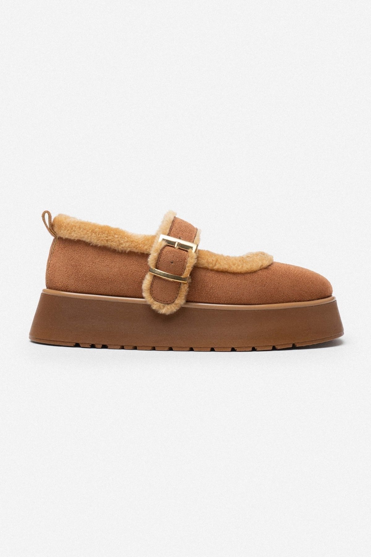 NİŞANTAŞI SHOES-Γυναικεία παπούτσια Enola Brown Suede Belt με λεπτομερή γούνα εσωτερικά και χοντρή σόλα 6