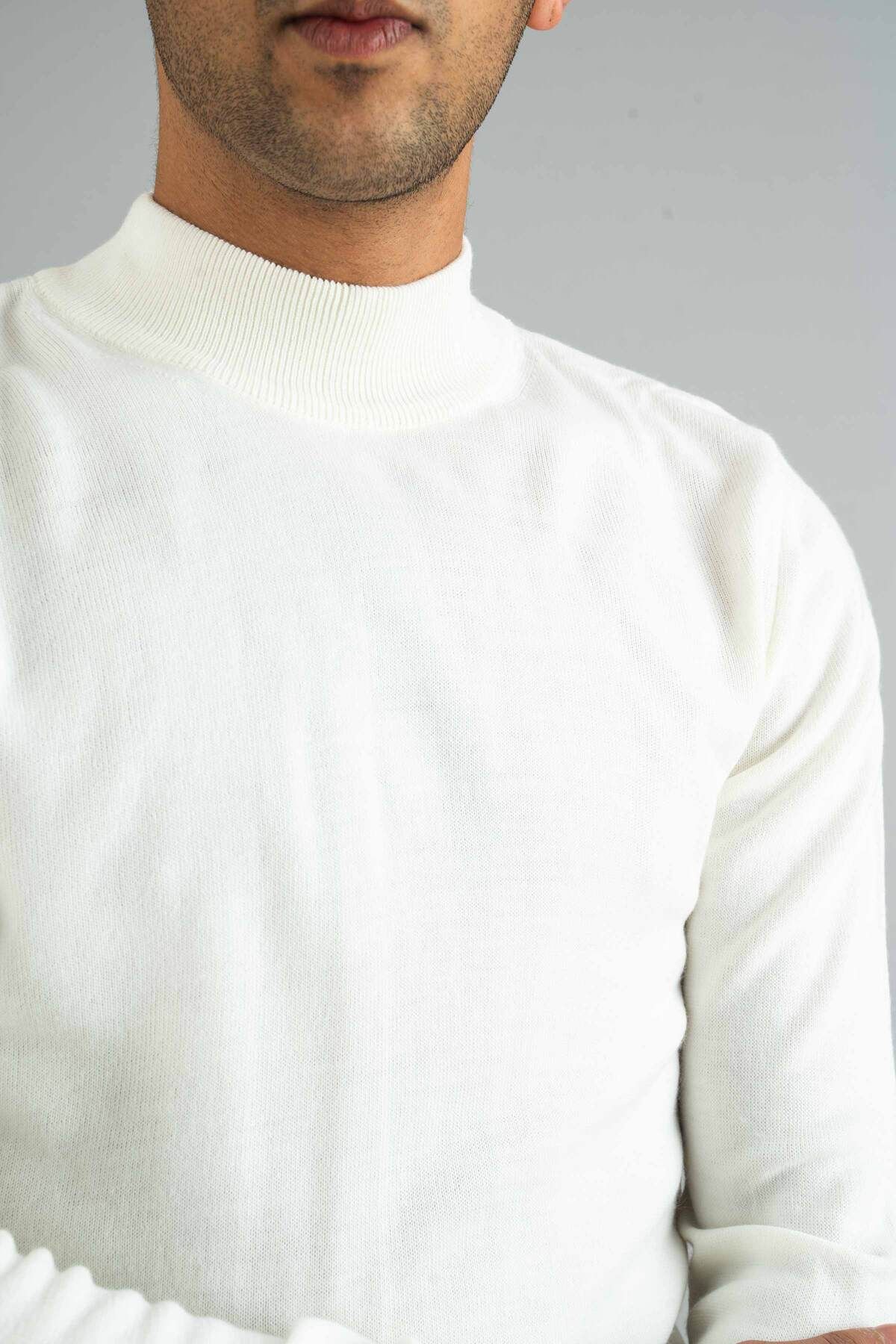 bombe-Pánský bílý polotuhý úpletový svetr Slim Fit Bavlněný polotuhý 3