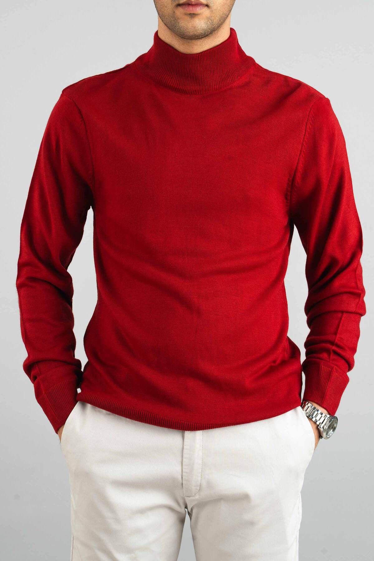 bombe-Roter Slim-Fit-Strickpullover aus Baumwolle mit halbem Rollkragen für Herren 2