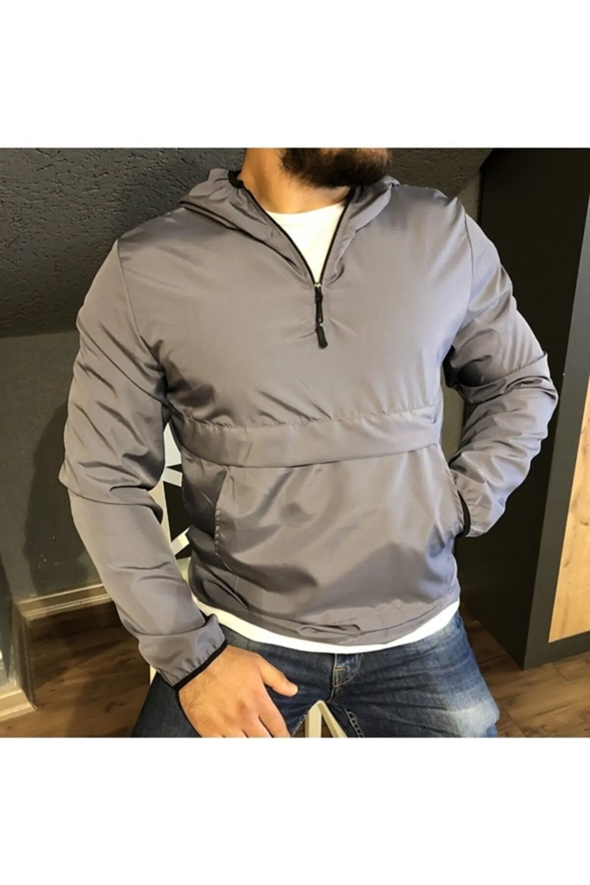 Lushen Unisex Antrasit Gri Ince Kanguru Cep Rüzgarlık Yağmurluk