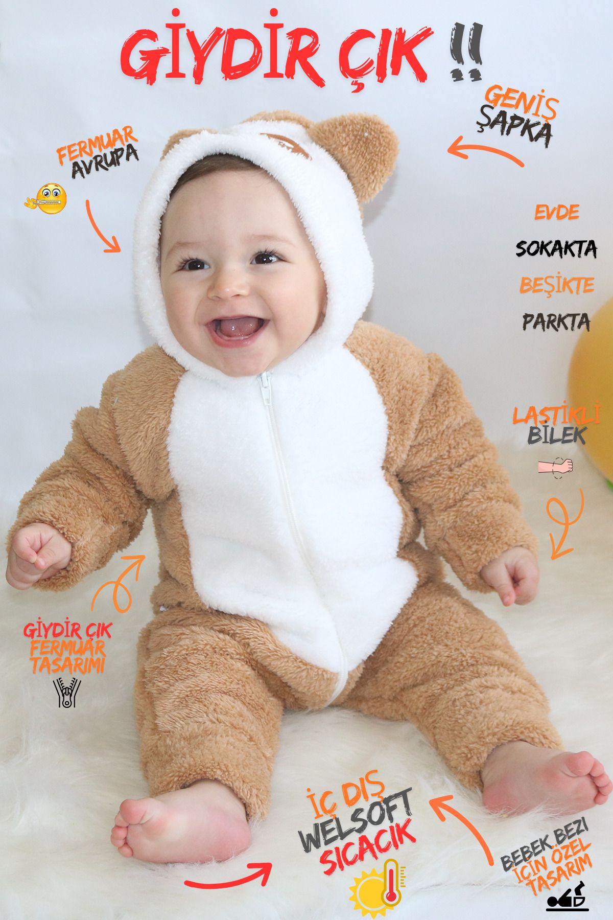 Baby Animals Welsoft Peluş Fermuarlı Kışlık Unisex Kız Erkek Bebek Uyku Tulumu Bebek Tulumu Çocuk Tulumu Kostümü