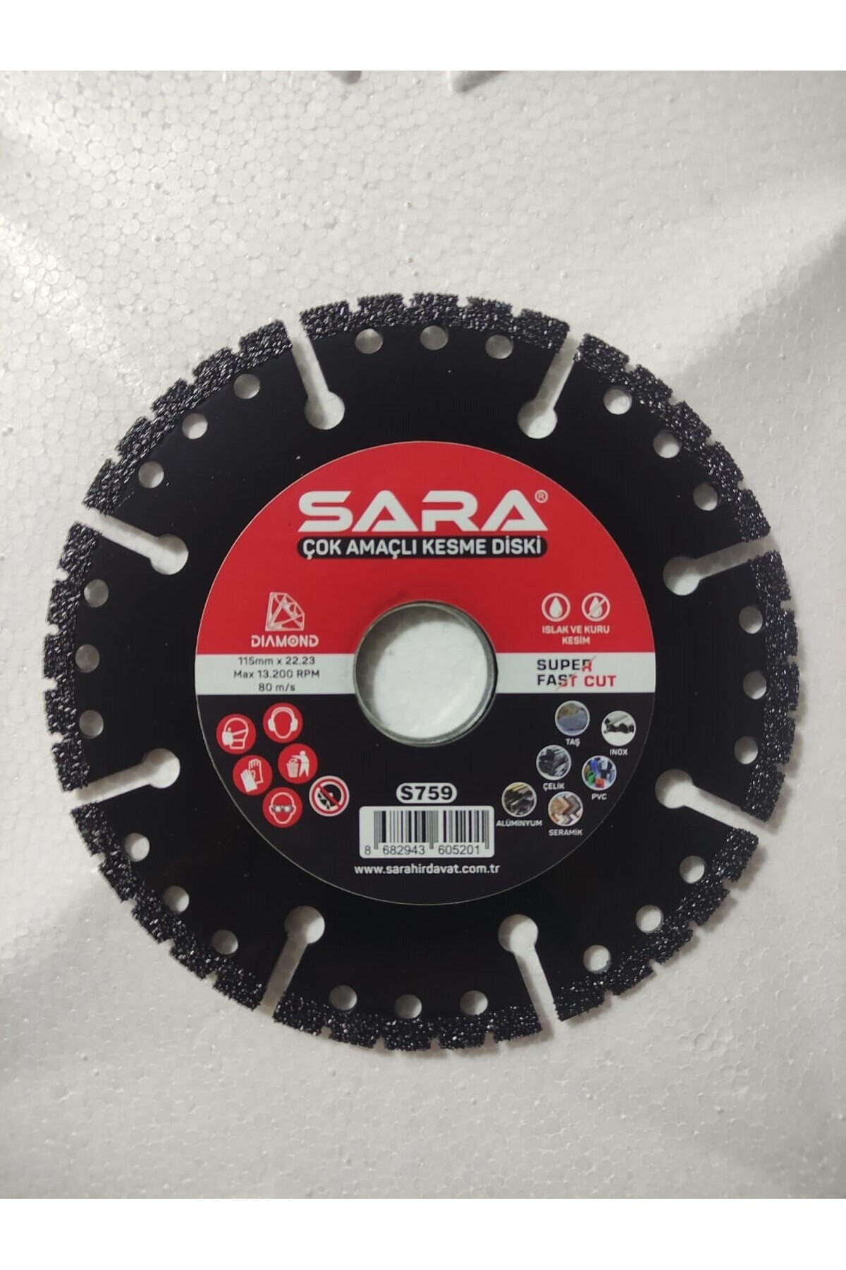 SARA ÇOK AMAÇLI KESME DİSKİ TAŞ/PVC/SERAMİK/ÇELİK/INOX/ALÜMİNYUM 115X22.23 ISLAK VE KURU