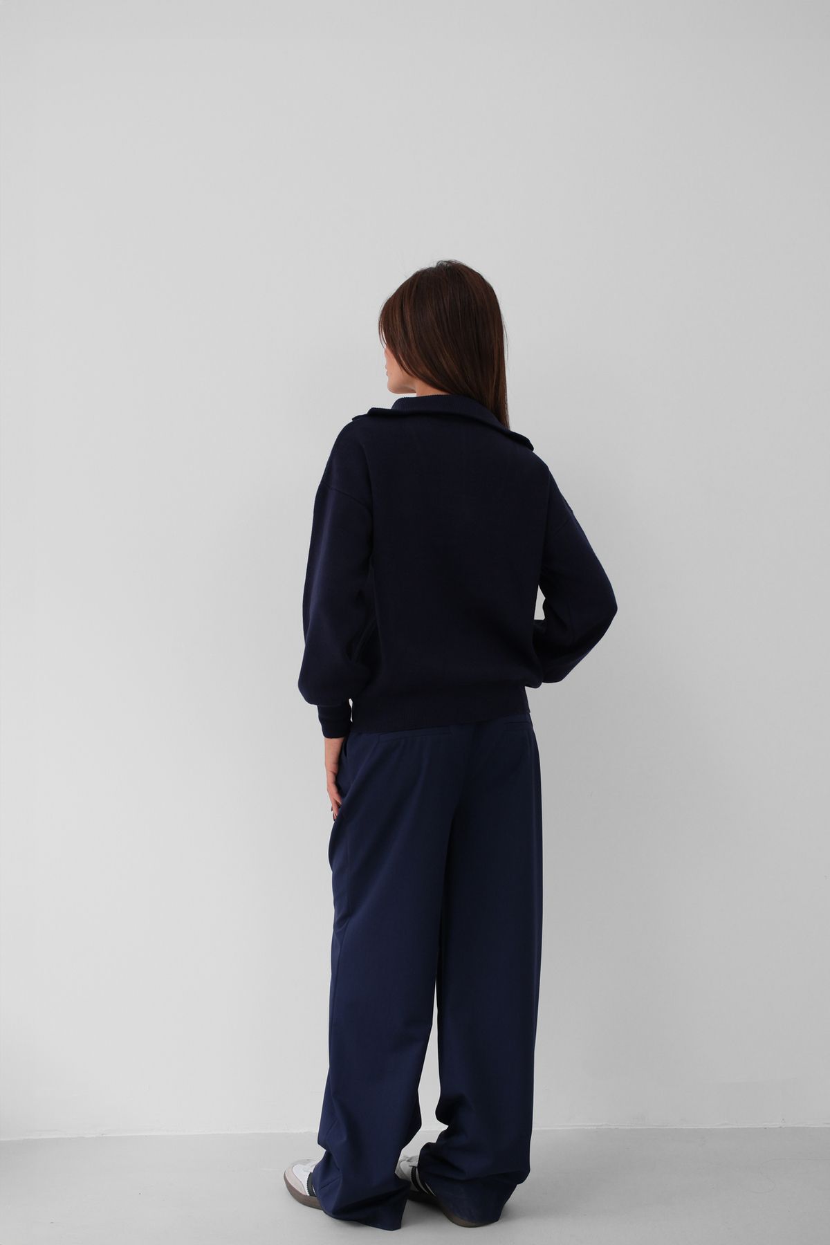 Black Fashion-Zippered Oversize Navy Blue Knitwear Sweater 6