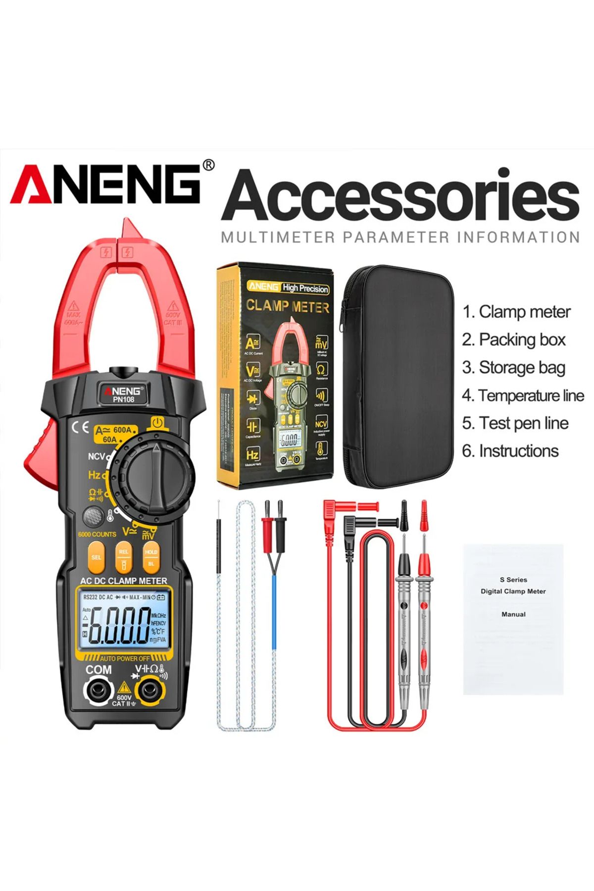 ANENG-PN108 Clamp Meter 6000 Counts AC/DC Voltage 600A Current Multimeter Resistance Capacitance ... 1
