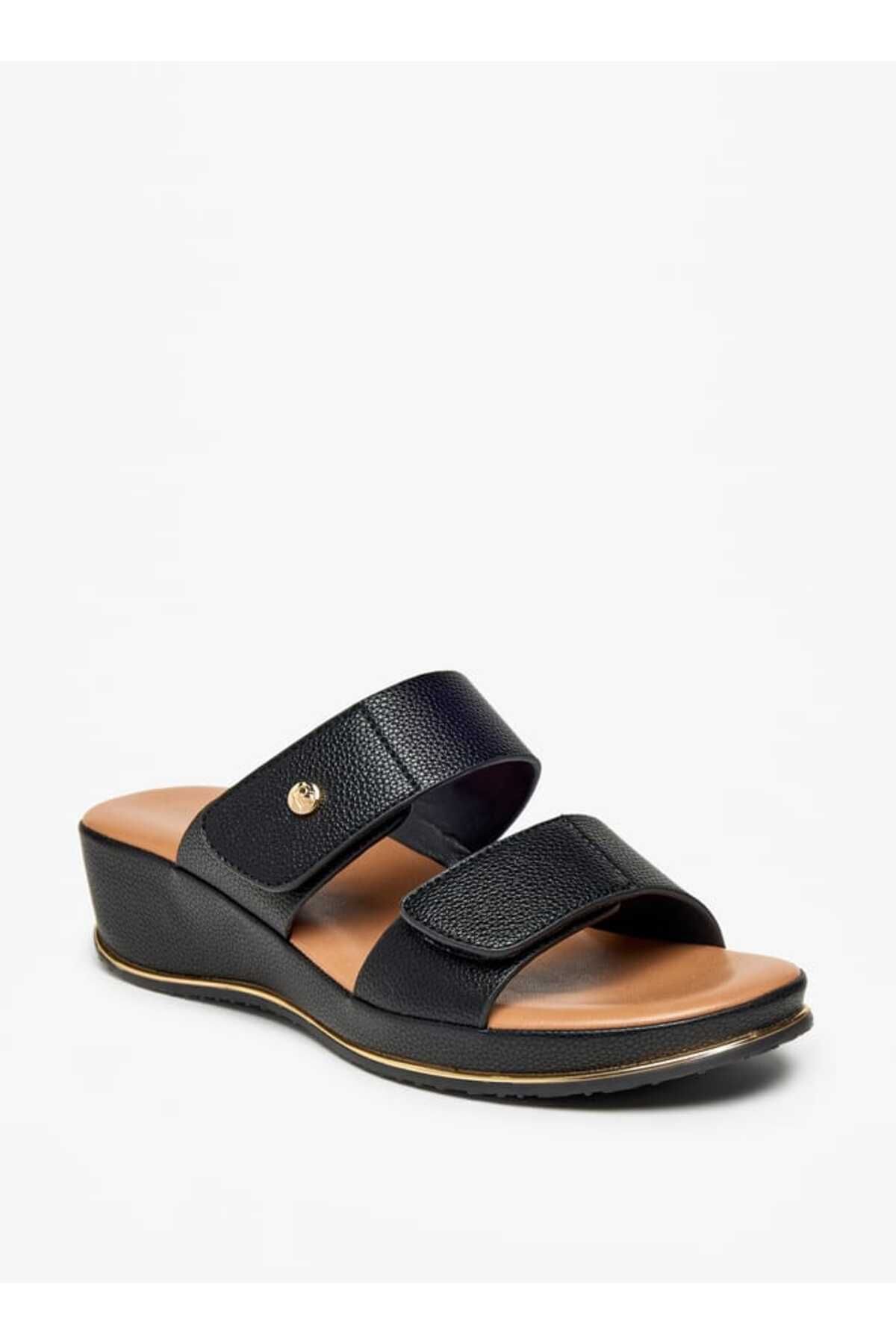 Flora Bella by Shoexpress-Flora Bella Textured Wedge Heel Slip-On Sandals with Hook and Loop Closure 1