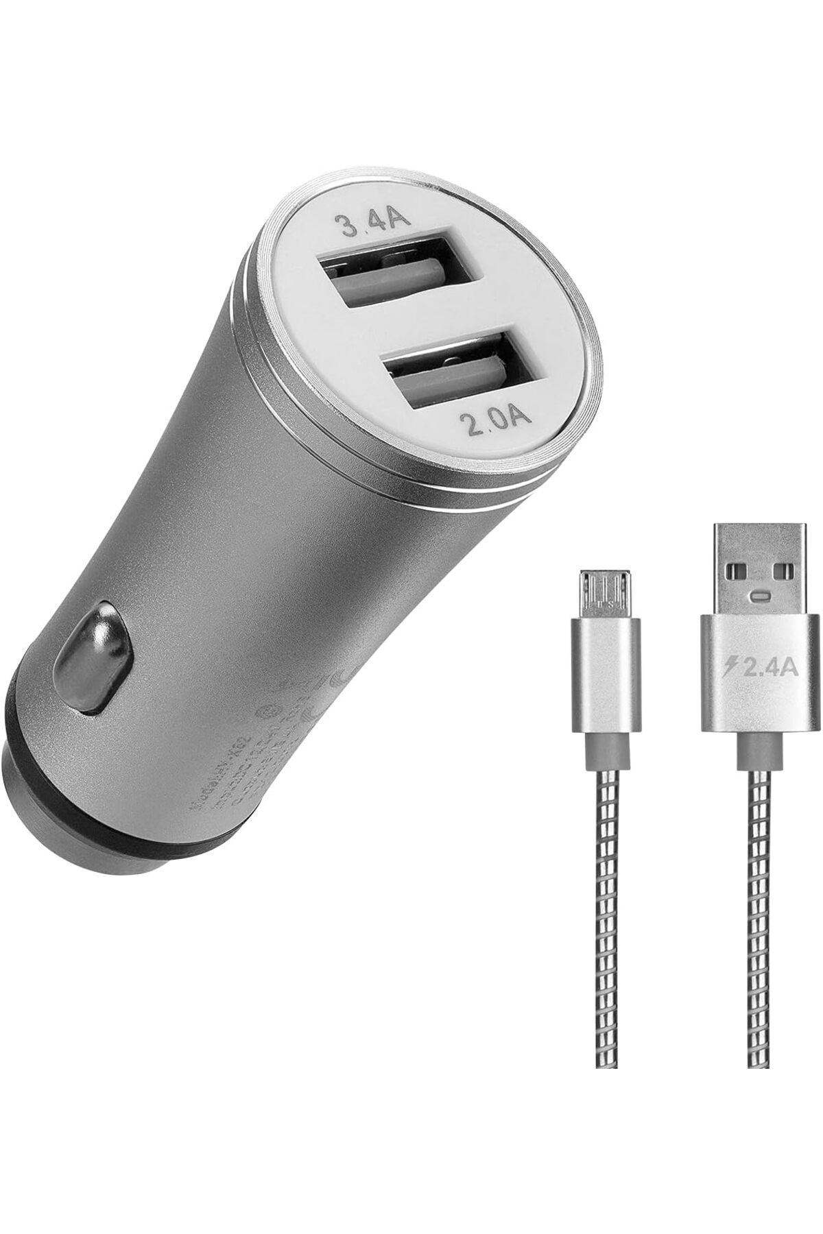 yusuftex srht HY-X62 3.4A Hızlı Şarj Micro USB Kablolu 2 USB Metal Araç Şarj Cihazı, Gümüş  721051